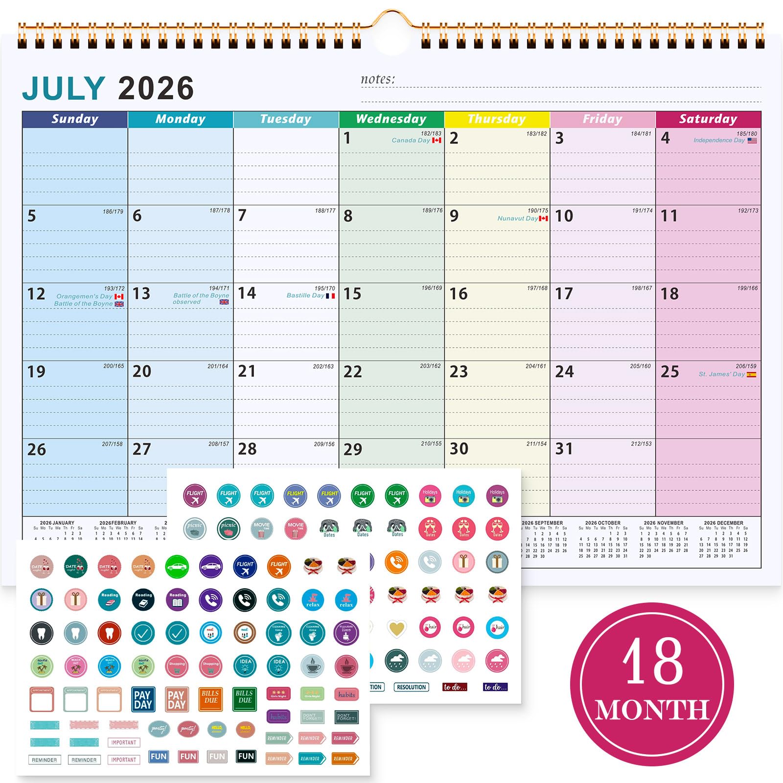 Benjia Desk Calendar 2026 Academic Year to 2027, July 2026 to December 2027, 18 Months 15" x 12" Large Desktop Wall Calendar With Copper Coil, Planner Stickers (38cmx30cm, Colorful)
