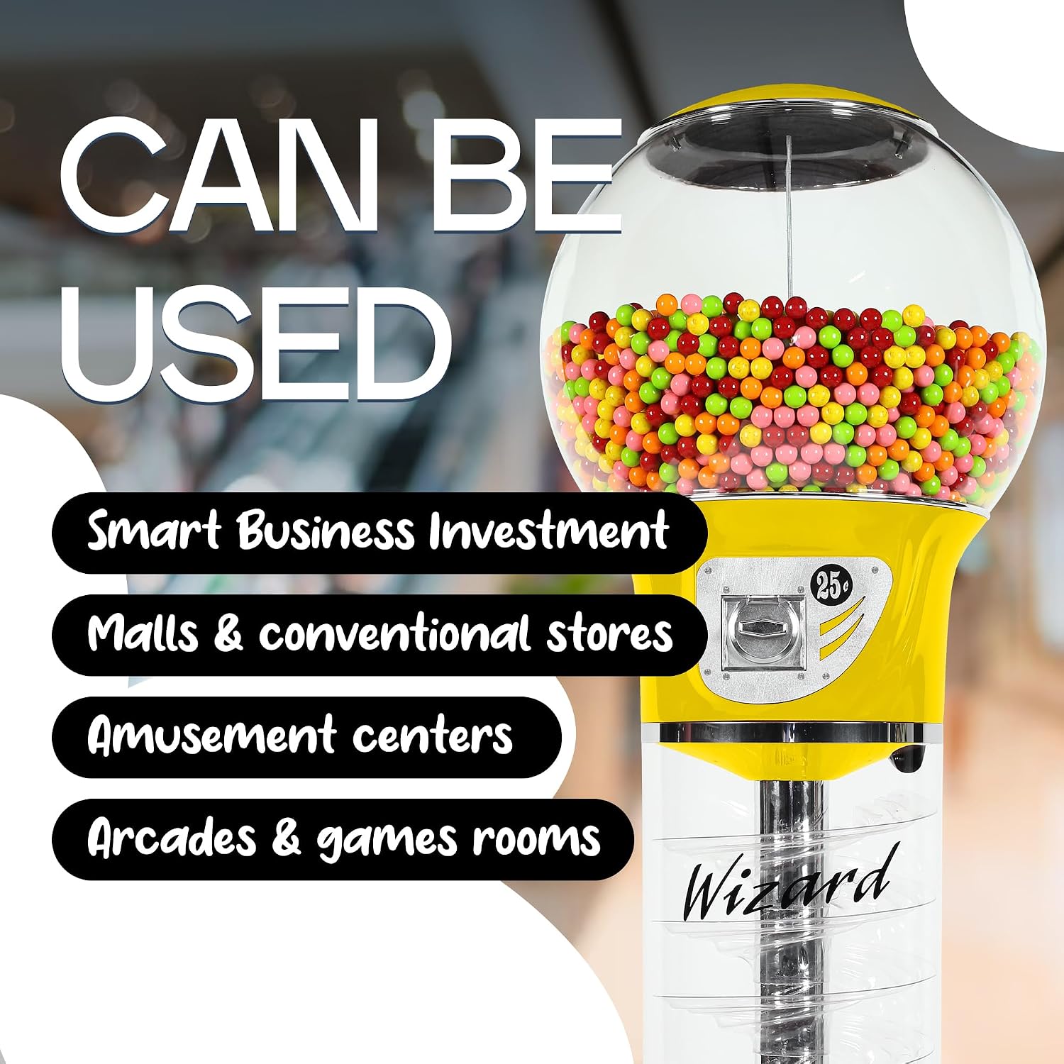 Giant Gumball Machine with Stand - Commercial Bubble Gum Machine 5`6" Spiral Gumball Vending Machines - Coin Mechanism $0.25 - Dispenses 1” Gumballs Bouncy Balls & Toys in Round Capsules - Yellow