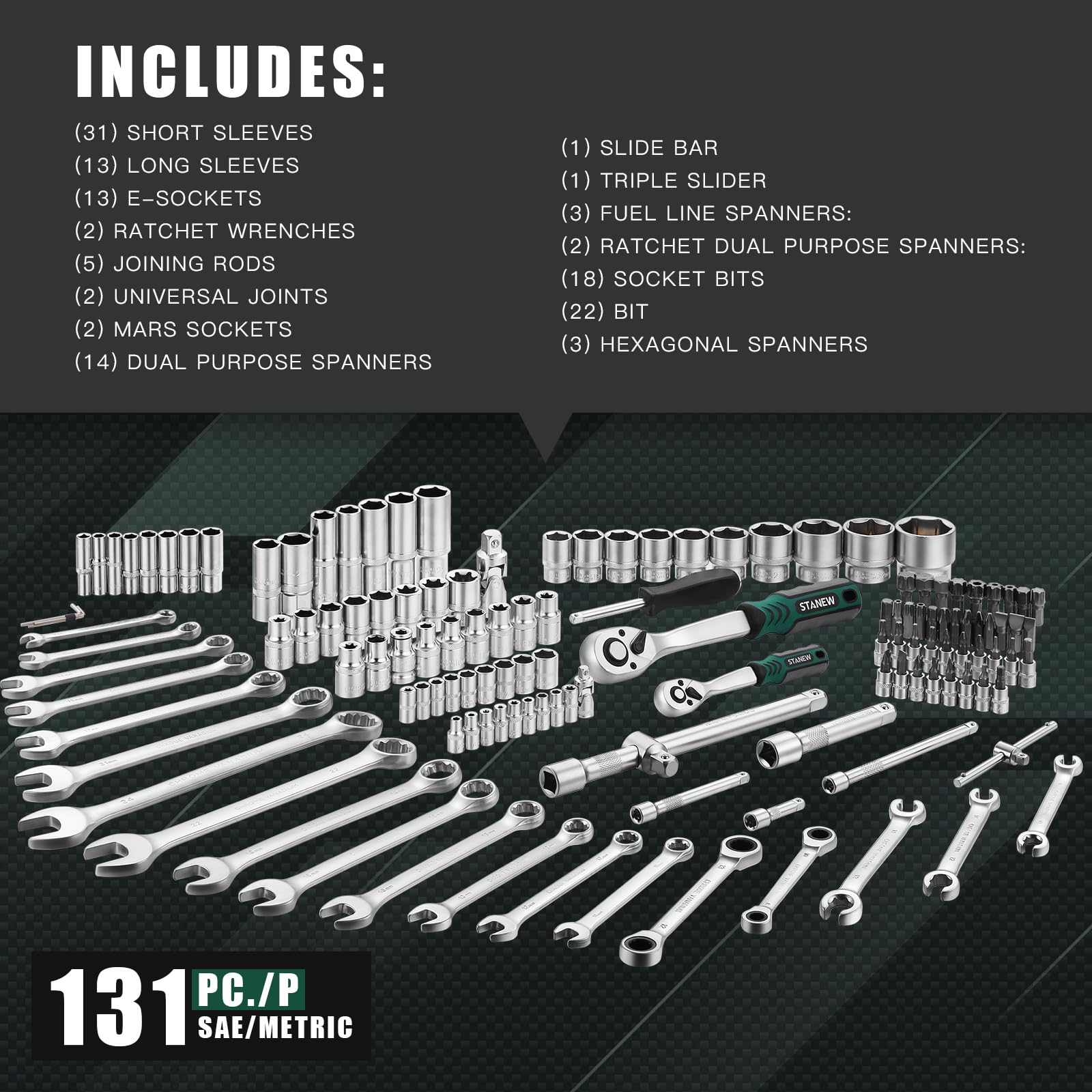 STANEW Set di chiavi a bussola Set di utensili da 131 pezzi, Cricchetto 1/4" e 1/2", chiavi a cricchetto doppie con estremità aperta, CR-V, Kit di Attrezzi Meccanici per Auto