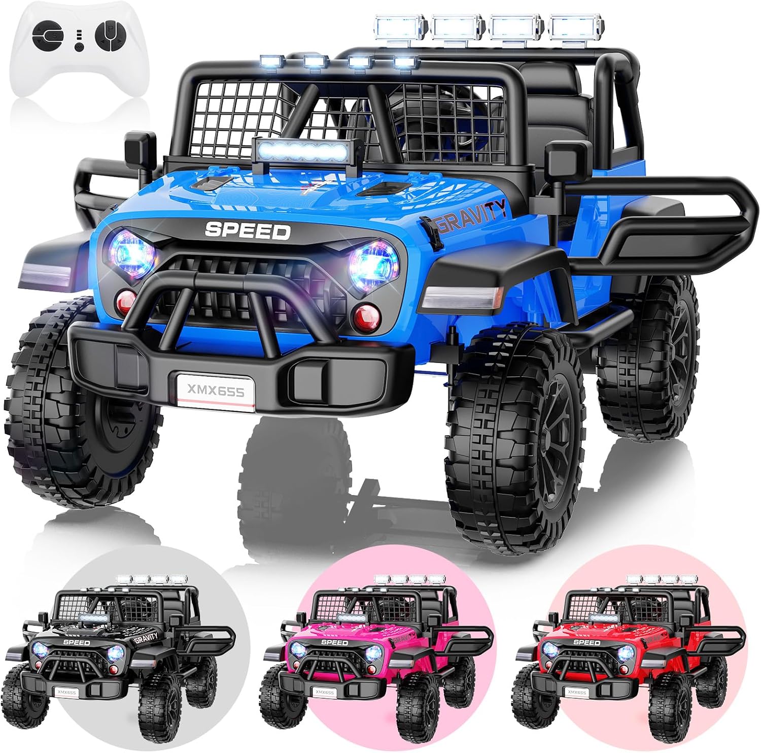 Hikole 24V 2 Seater Ride On Car for Kids with Remote Control, 4X4 400W XL Power Truck Wheels with 20" Wide Seat, Soft Start, 3 Speeds, Music, Bluetooth, 24 Volt Ride On Toys for Girls Boys 3-8, Blue