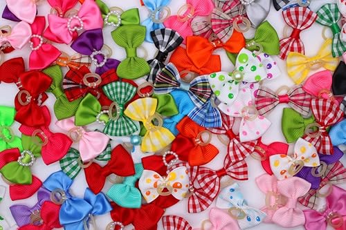 Miniatura 7 de YOY 50 unidades25 pares de adorables lazos de grogrén para el pelo de perro con bandas de goma, accesorios para el pelo de cachorro, gato, gatito,