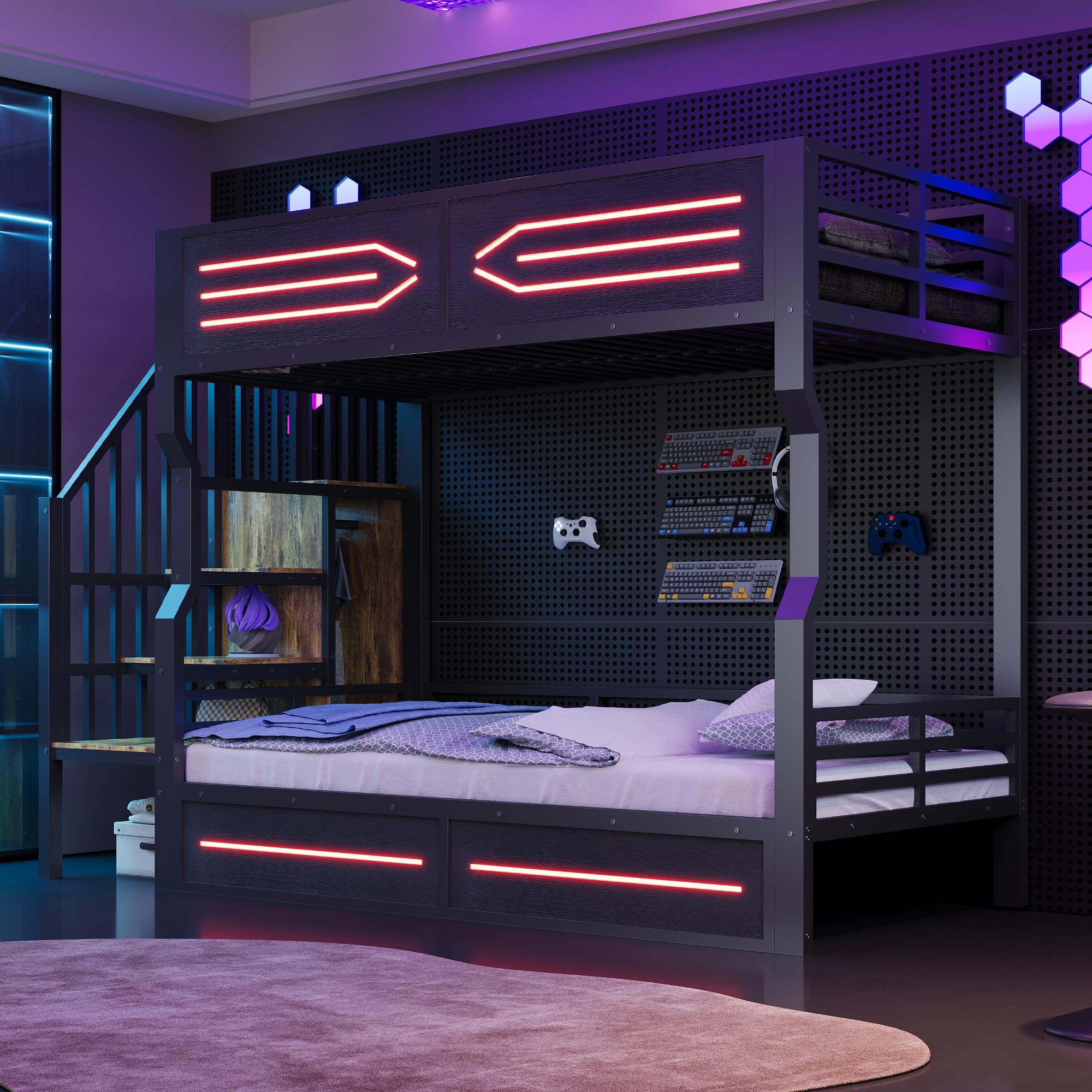 Sapgaks Lit superposé Enfant 90 × 200 cm avec LED,lit Mezzanine 2 Places,lit superposé 2 Places,lit Enfant avec Barriere,lit Double Enfant barrières latérales Hautes,avec Espace de Rangement (Noir-5)