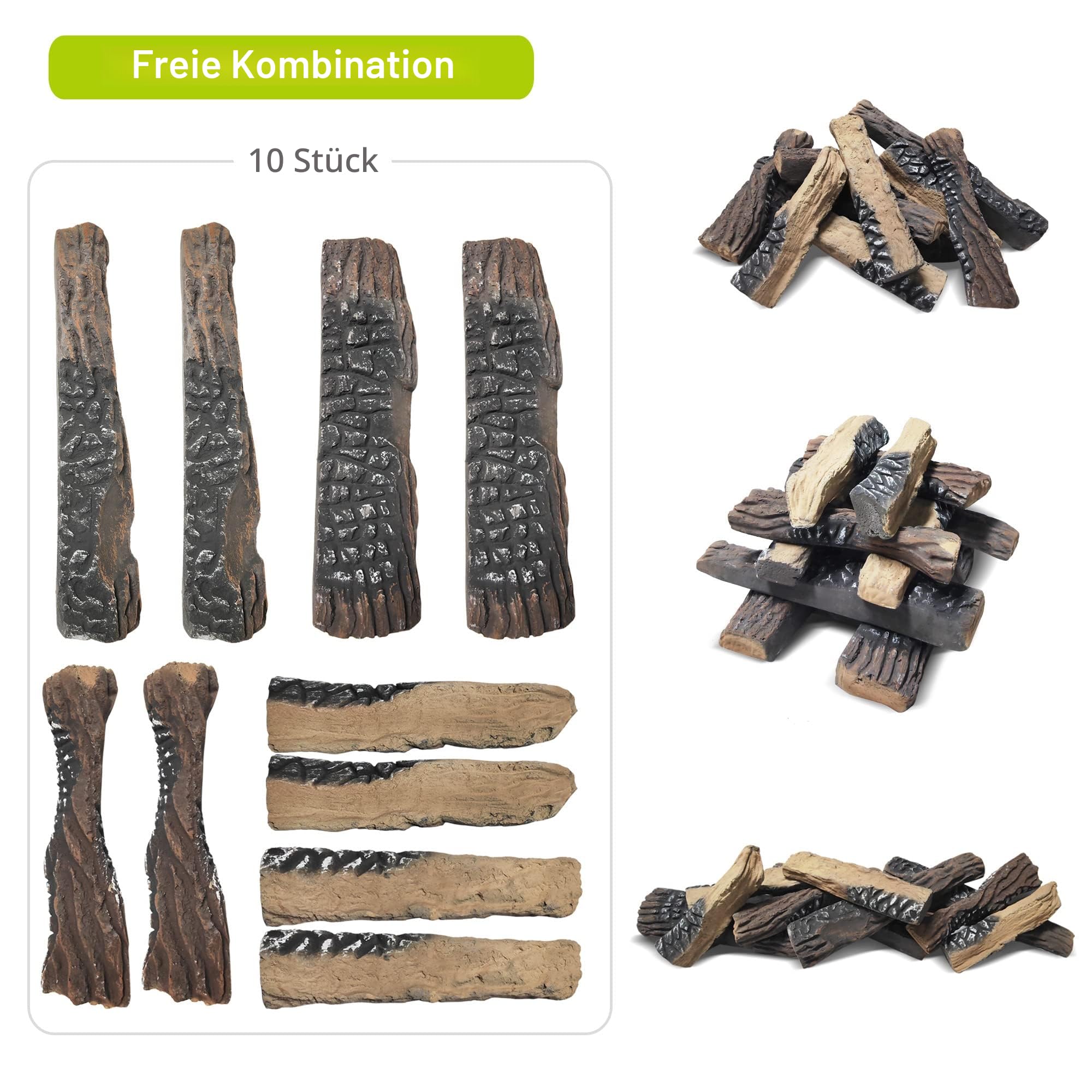 ATR Art To Real 10-teiliges Keramikholz-Set Deko-Holz für Bio-Ethanol und Gas-Kamine Propan, Elektro, Gas, Kamindekor, Kunstholz für den Außenbereich und den Innenbereich