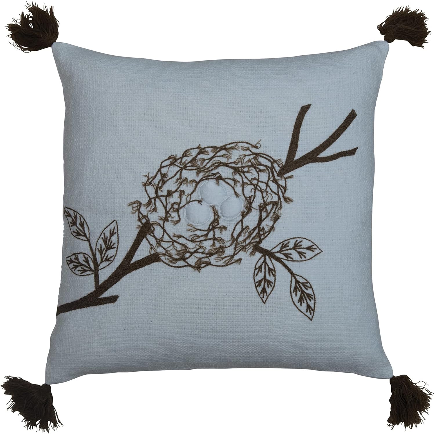 Creative Co-Op 18" Square Cotton Embroidered Nest & Tassels Pillow, Brown & Cream