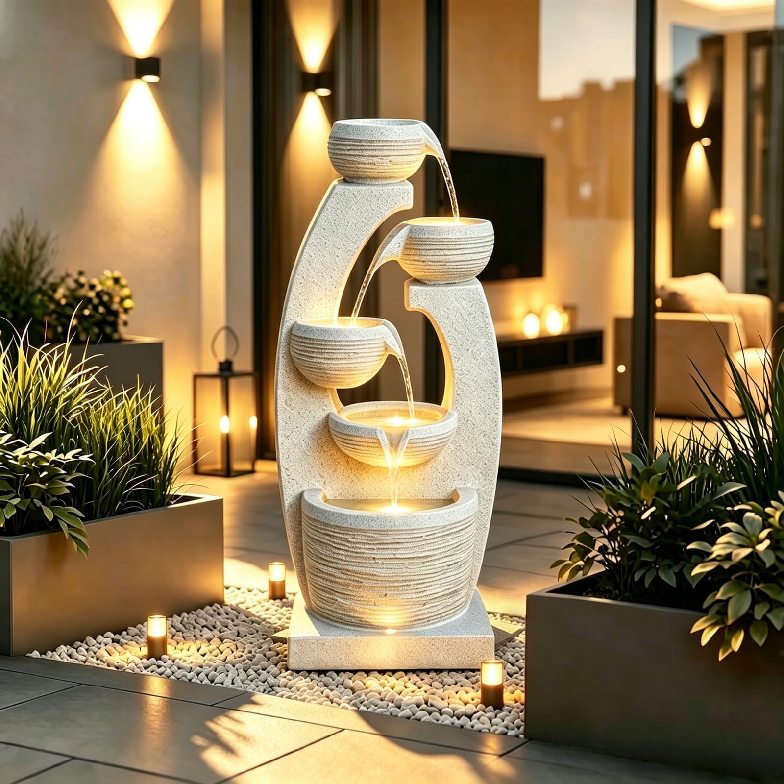 Qingyinge 33'' H Modern Outdoor Fountain Resin Outdoor Garden Fountains with Contemporary Design LED Light for Garden, Patio, Deck, Porch, Backyard and Home Art Decor