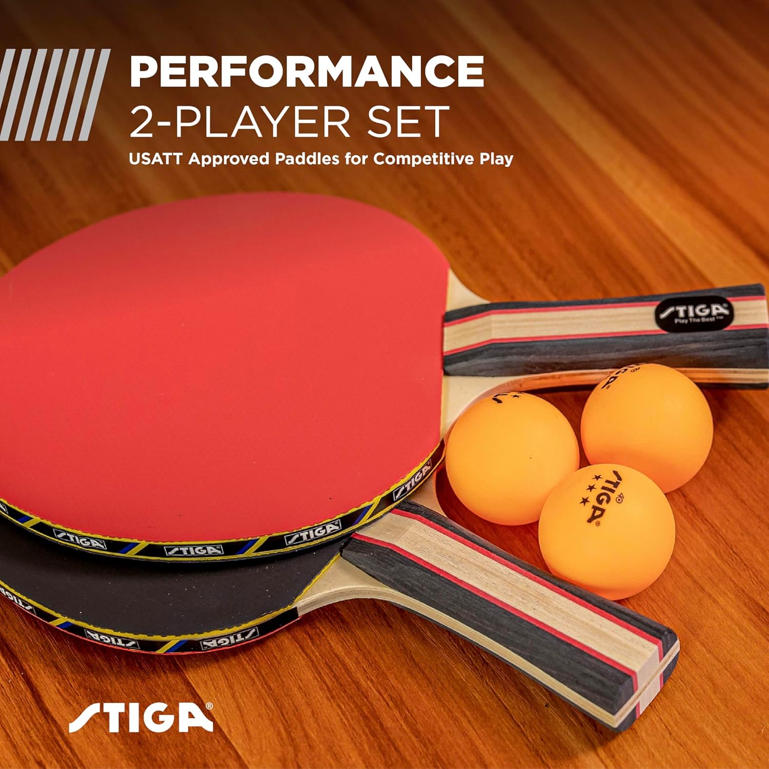 STIGA Performance 2 or 4 Player Table Tennis Set – USATT Approved Rackets and 3-Star Balls – 5-Ply Blade & Flared Handle – Perfect for Skill Development 2 Player Set