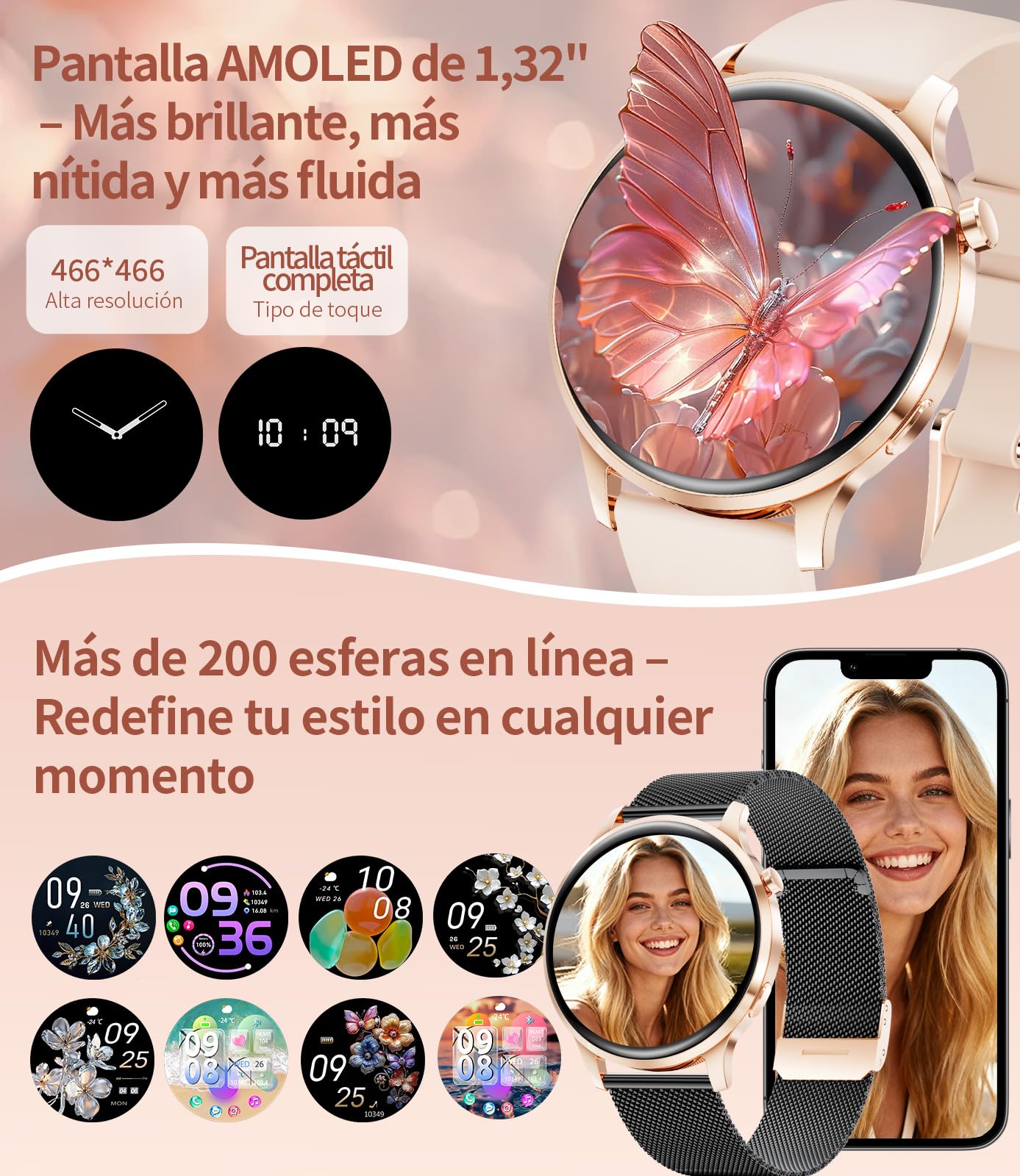Reloj Inteligente Mujer, 1,32'' AMOLED Smartwatch con Llamadas Bluetooth, 100+ Modos Deportivos,Pulsometro/Monitor de Sueño,IP68,Pulsera Actividad,Reloj Despertador Digital,iOS Android,Negro Rosa