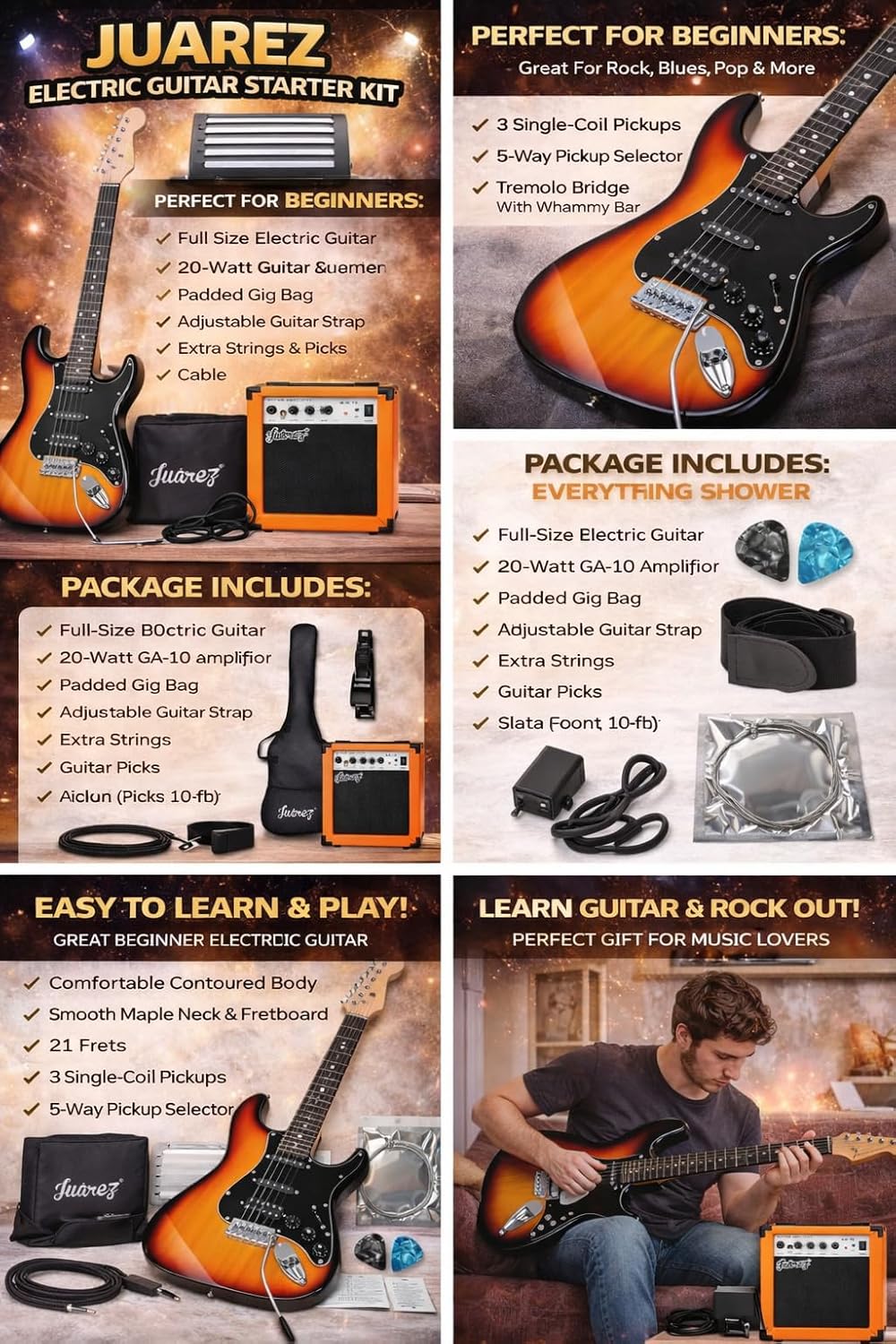 Juarez JRZ-ST01KIT-3TS Full-Size H-S-S Electric Guitar Kit for Beginners | Includes Amplifier, Cable, Strap, Picks & Gig Bag – Sunburst
