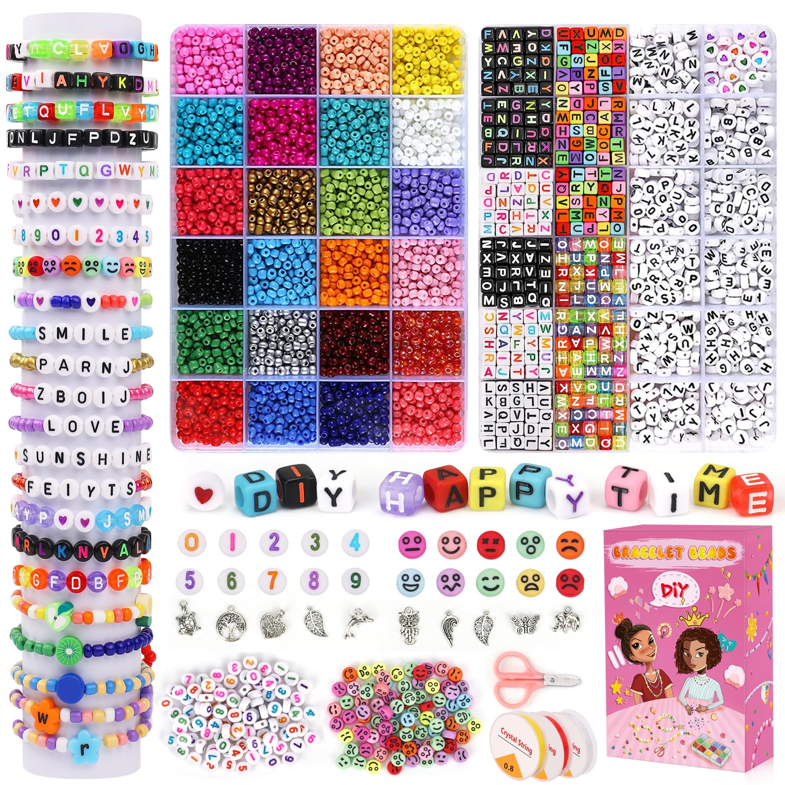 5500pcs kit Para Hacer Pulsera，Cuentas de colores de 4 mm y cuentas de letras，Cuentas Emoji，Números perlas，Para pulseras de la amistad, collares, llaveros y bisutería