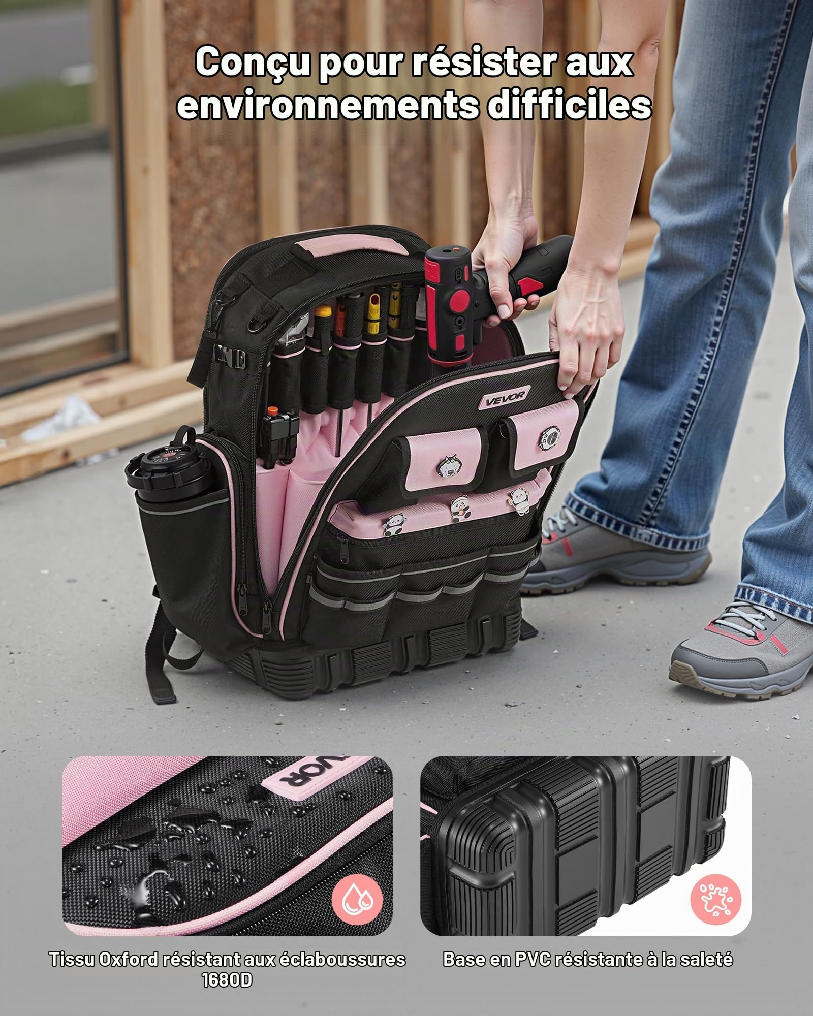 VEVOR Sac à Dos à Outils, Charge 31,75 kg, Sac à Outils, 33x20x49 cm, avec 56 Poches, Compartiment Ordinateur Portable, Base, Organisateur à Outil Robuste pour Chantier, Électricien, Réparateur CVC