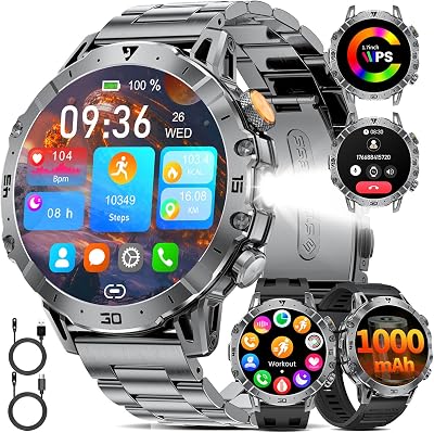 Montre Connectée Homme Militaire, 1.7” Smartwatch avec 1000mAh, 3 Bracelets + 2 Chargeurs, Appel Bluetooth, LED Lampe, 110+ Modes Sportifs/IP68, Surveillance Cardiaque/Sommeil, Android/iOS EF18-A