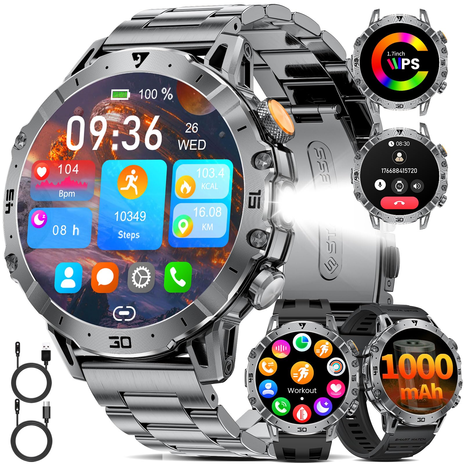LIGE Smartwatch Herren Militär, 1000mAH Großer Akku, 1,7”HD Großes Display mit Telefonfunktion, LED Taschenlampe Fitnessuhr mit 110+ Sportmodi, Herz-/Schlaftracking,IP68 Sportuhr iOS/Android,Schwarz