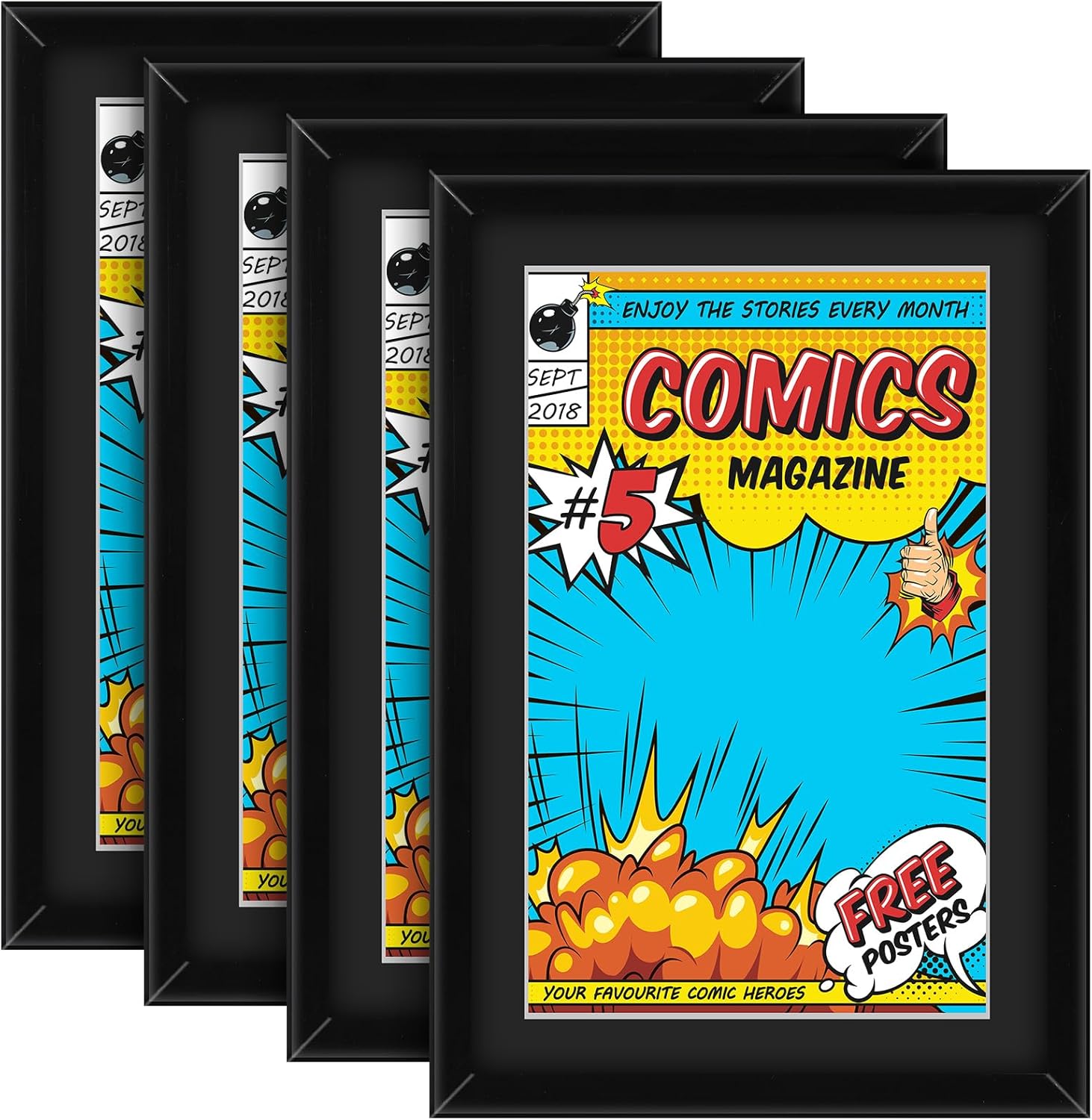 Geetery 4 Pack Comic Book Frame for Wall, UV Protection Comic Picture Magazine Frames Fits Current up to 6 3/4 x 10 1/4, Wall or Tabletop Display with Spring Clips Installed Hangers(Black Mat)