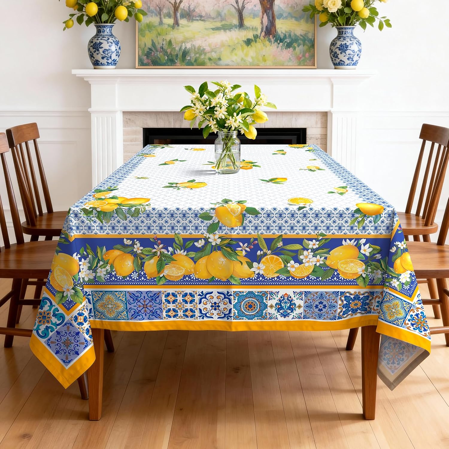 Spring Summer Capri Lemons Table Cloth Rectangle Machine Washable Italian Lemon Tablecloth,84 * 60 inch, Polyester Blue Table Cover for Kitchen Dinner Party Outdoor Decor