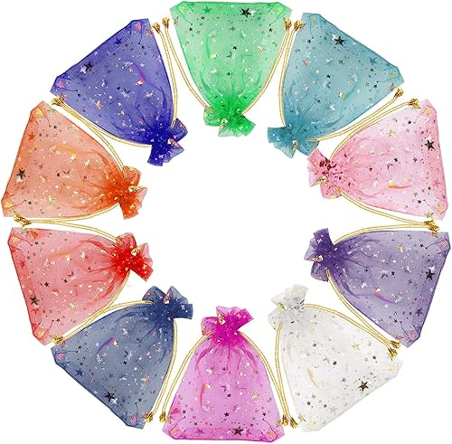 SUMAJU 100 bolsas de organza con diseño de estrella y luna, 2.7 x 3.5 pulgadas, bolsas de organza de color aleatorio, bolsa de regalo con cordón