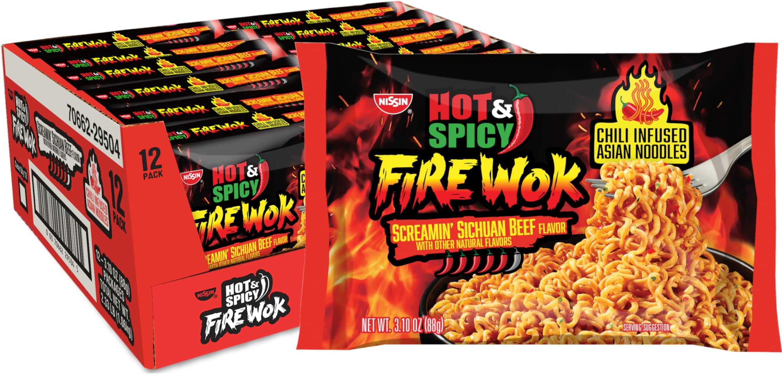 Nissin Fire Wok, Screamin Beef Flavor, Hot & Spicy Chile Infused Asian Noodles, 3.10 Ounce (Pack of 12)