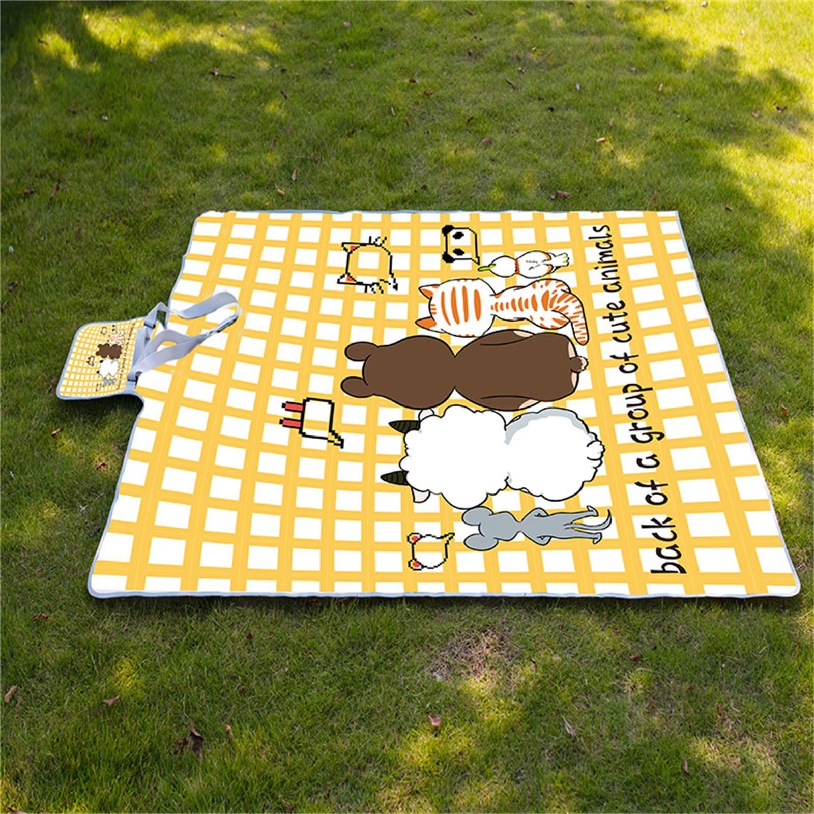 Manta Picnic Impermeable 150x200cm,Lavable Picnic Blanket,Ultrasónica Mantel Picnic,con Mango Multifunción para Acampar Playa Parque de Senderismo,Animales a Cuadros Amarillos