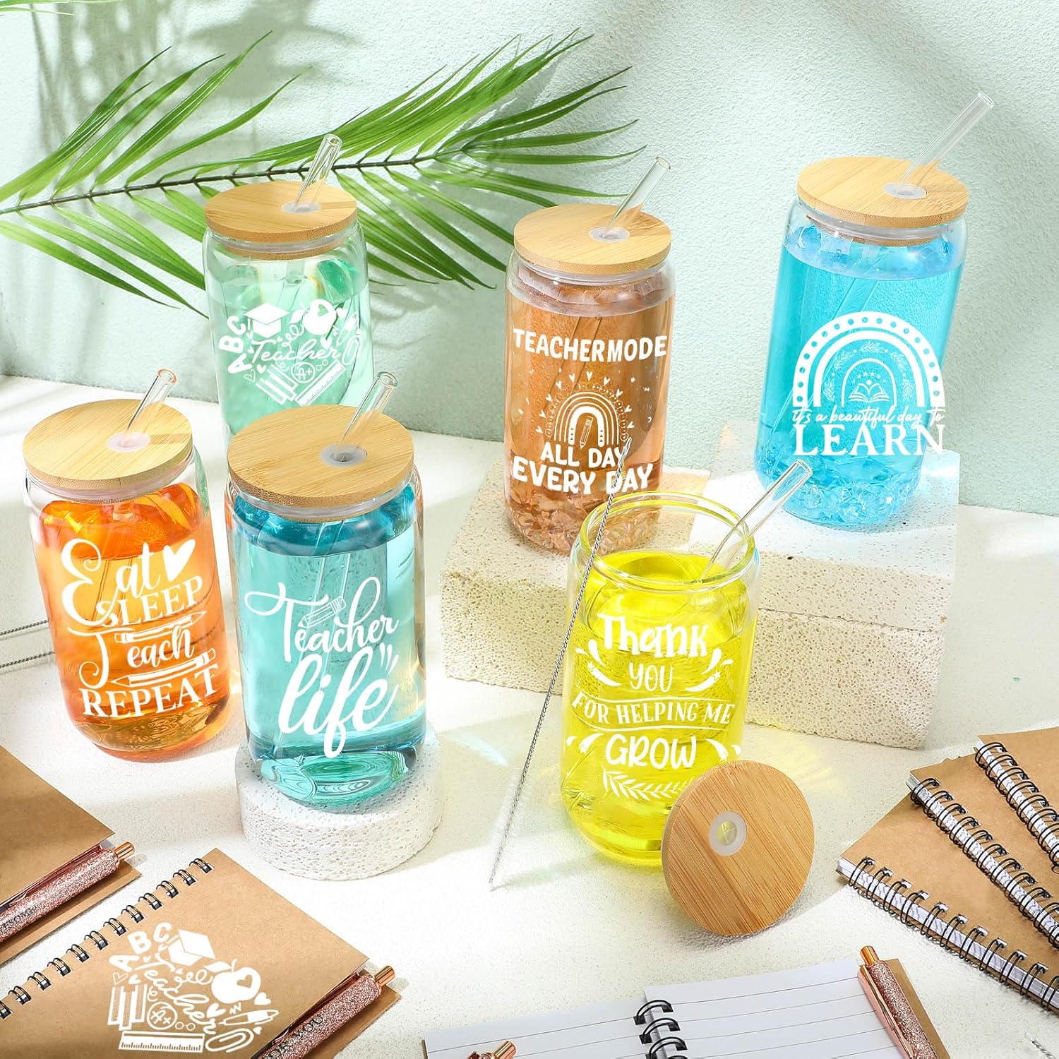 6 Sets Teacher Appreciation Week Gifts Bulk for Women Thank You Practitioner Birthday Gifts Glass Cups 16oz with Lids Straws Appreciation Notebooks Ballpoint Pens(Colorful) - Image 4