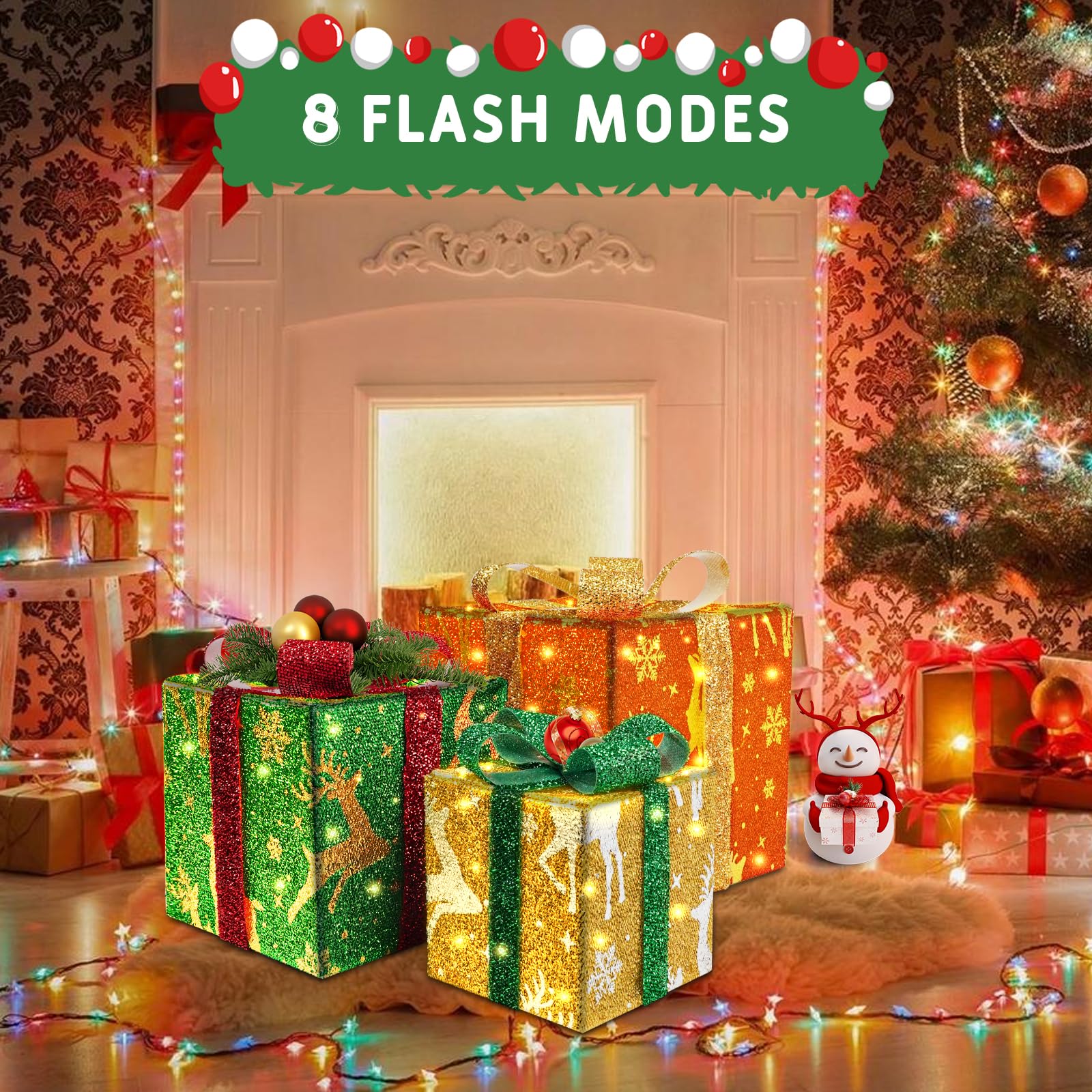 Robofun Boîte Cadeaux Lumineuse de Noël, Lot de 3 Boîte Cadeaux Lumineuse de Noël avec Noeud, Boîtes Cadeaux LED pour Decoration Noel, Intérieur et Extérieur-Rouge, Vert et Jaune