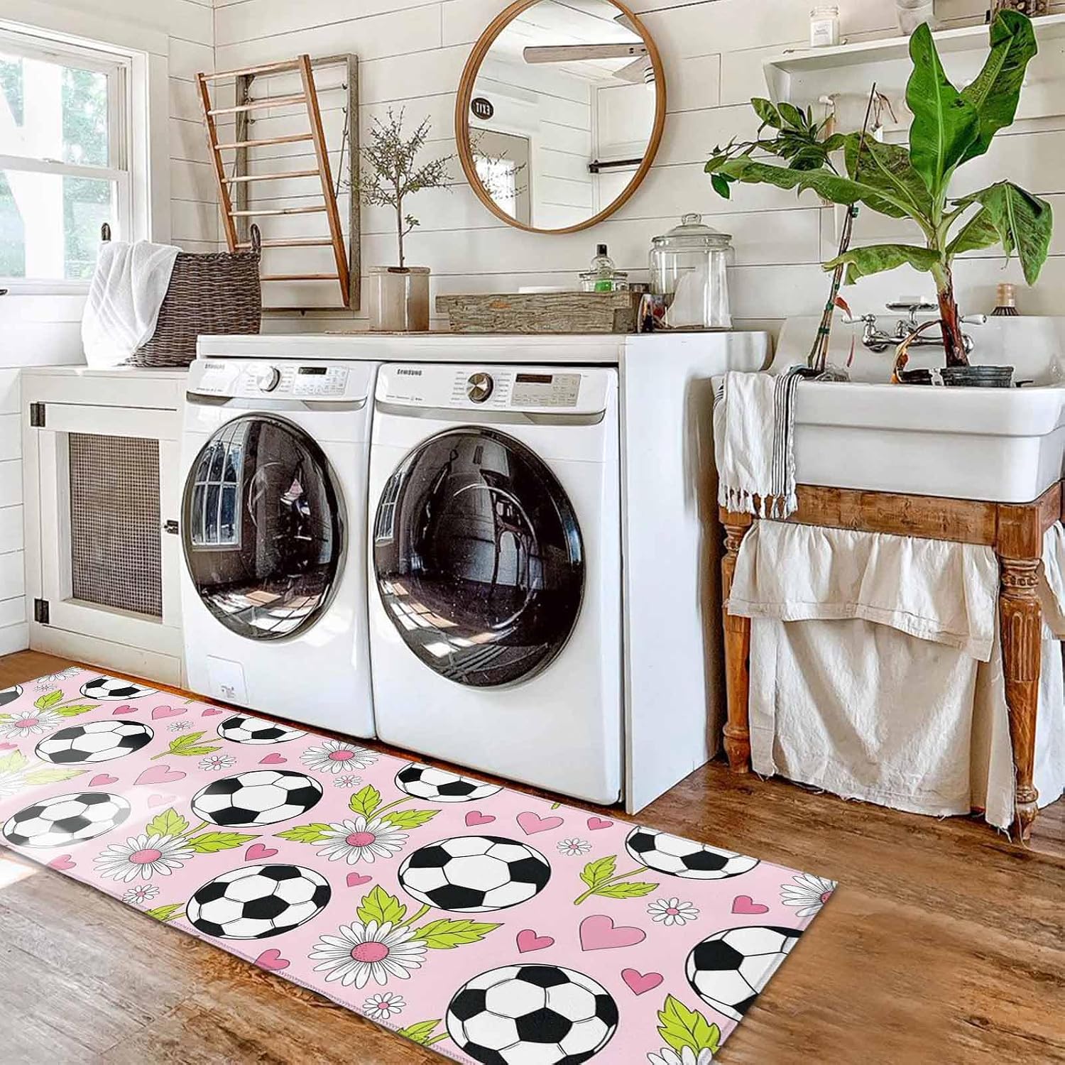 Teamery Kitchen Mats for Floor Football Daisy Flower Leaf Washable Non Slip Kitchen Rugs 2PCS, Pink Love Heart Sports Theme Absorbent Standing Mats for Sink Office Living Room 15.7x23.6in+15.7x47.2in