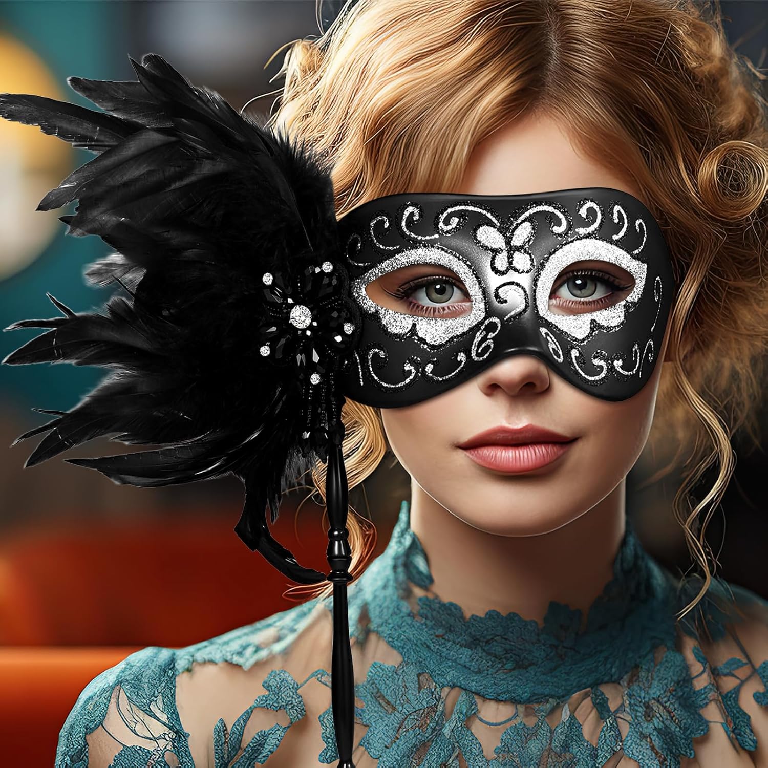 Womens Masquerade Mask with Stick and Feather: Handheld Costume Mardi Gras Venetian Party Masks Halloween Decoration - Image 3