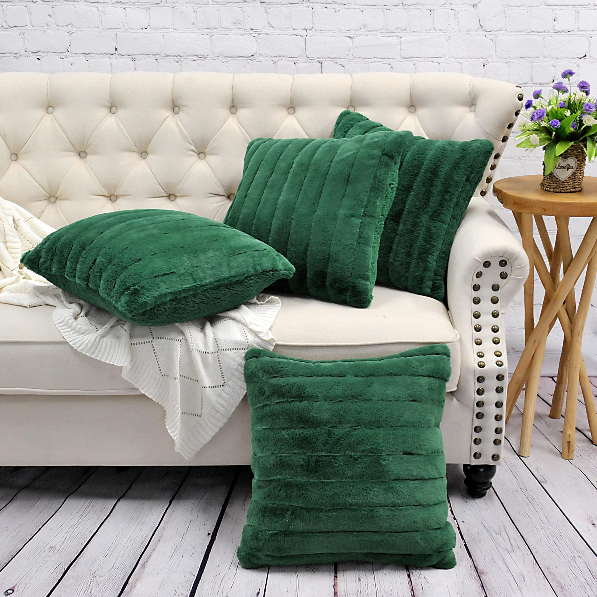 BYTIDE Striped Faux Fur Decorative Square Throw Pillow Covers with Sherpa Back 20 x 20 Inches Set of 4, Plush Soft Luxury Cushion Case Pillowcase for