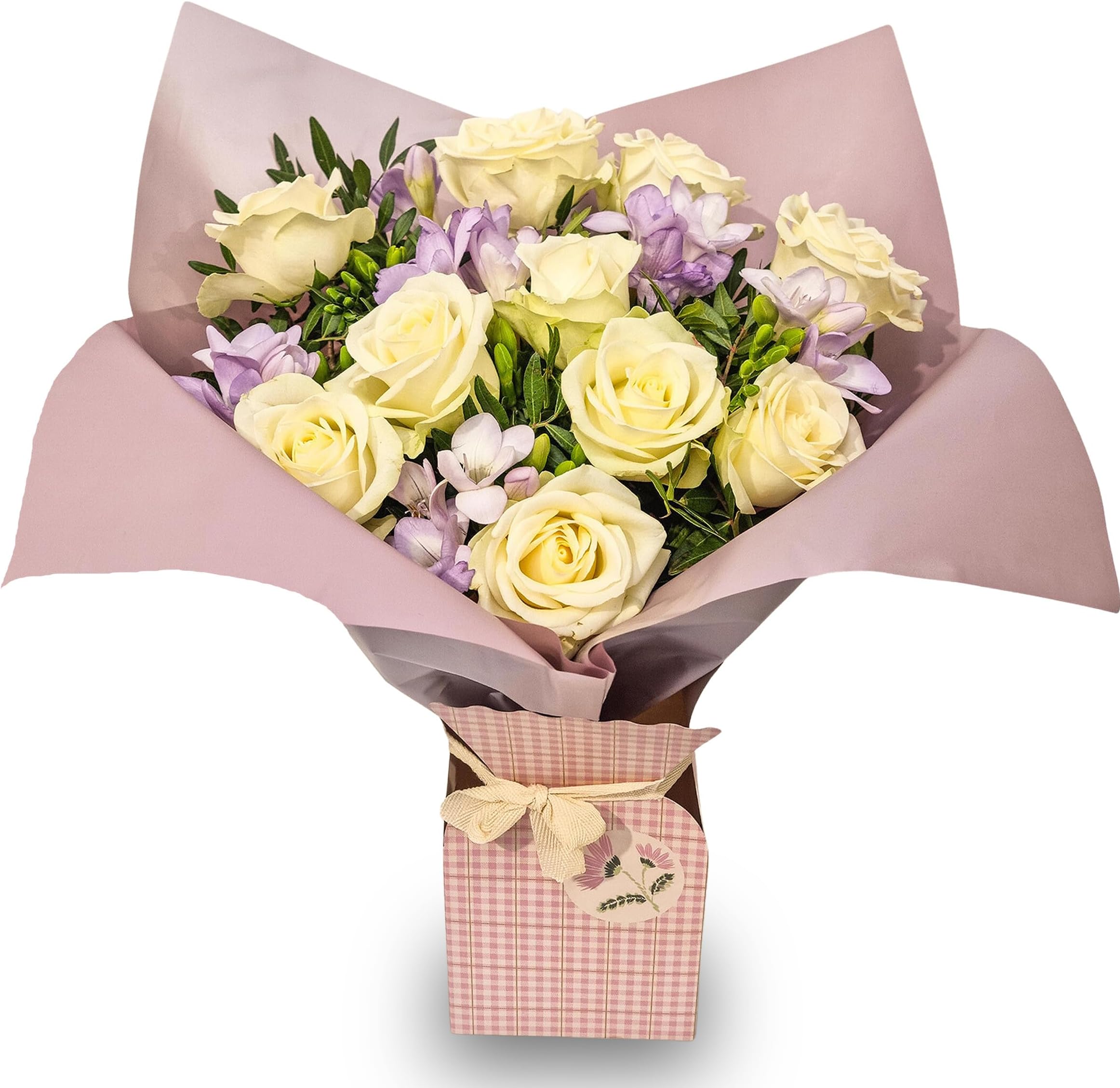 Rose & Freesia Flower Bouquet - Fresh White Roses, Lilac Freesia & Lush Foliage for Birthdays, Anniversaries, Mother’s Day Gifts