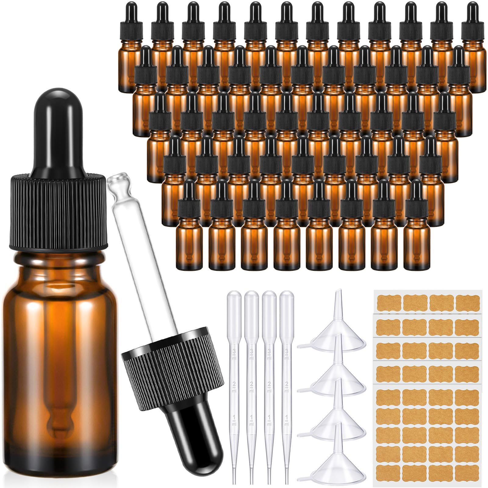 Lallisa 200 Pack Essential Oil Dropper Bottle 10 ml (1/3 Oz) Glass Dropper Bottles DIY for DIY Essential Oil Perfume with Funnels Pipettes Labels for Bathrooms, Hotels, Labs (Amber)