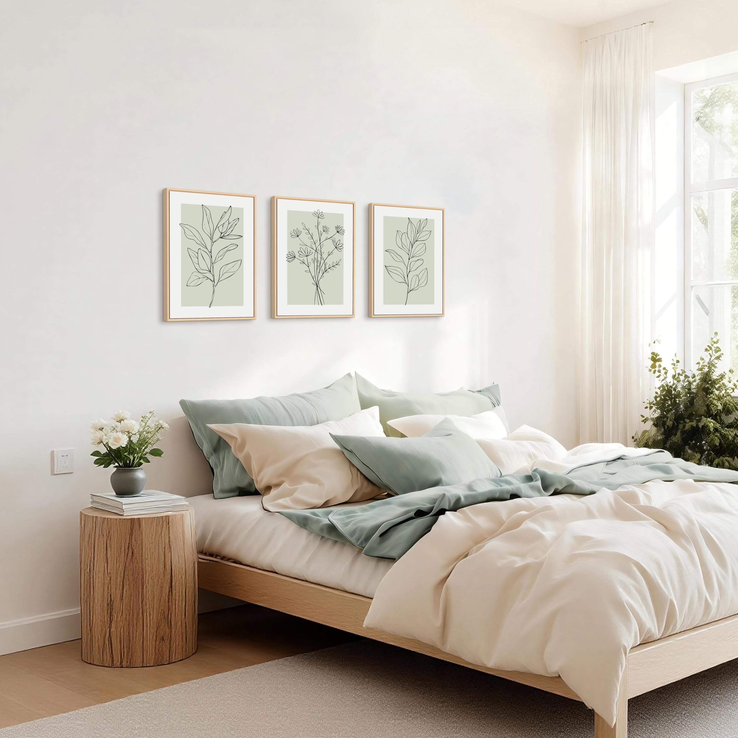 WENGTIAO Leinwand Bilder mit Rahmen, Boho Abstrakte Botanik Wandbilder | Salbeigrün Schwarz Neutrale Abstrakte Pflanzen Kunstdrucke auf Leinwand für Modern Wohnzimmer Schlafzimmer Wanddeko 30x40cmx3