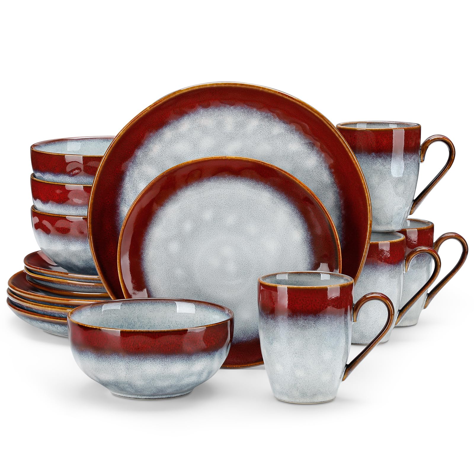 vancasso 16 Pieces Red Round Stoneware Dinner Set, Reactive Glaze Serving Set with Dinner Plates, Dessert Plates, Bowls and Mugs, Dinner Set for 4, Starry
