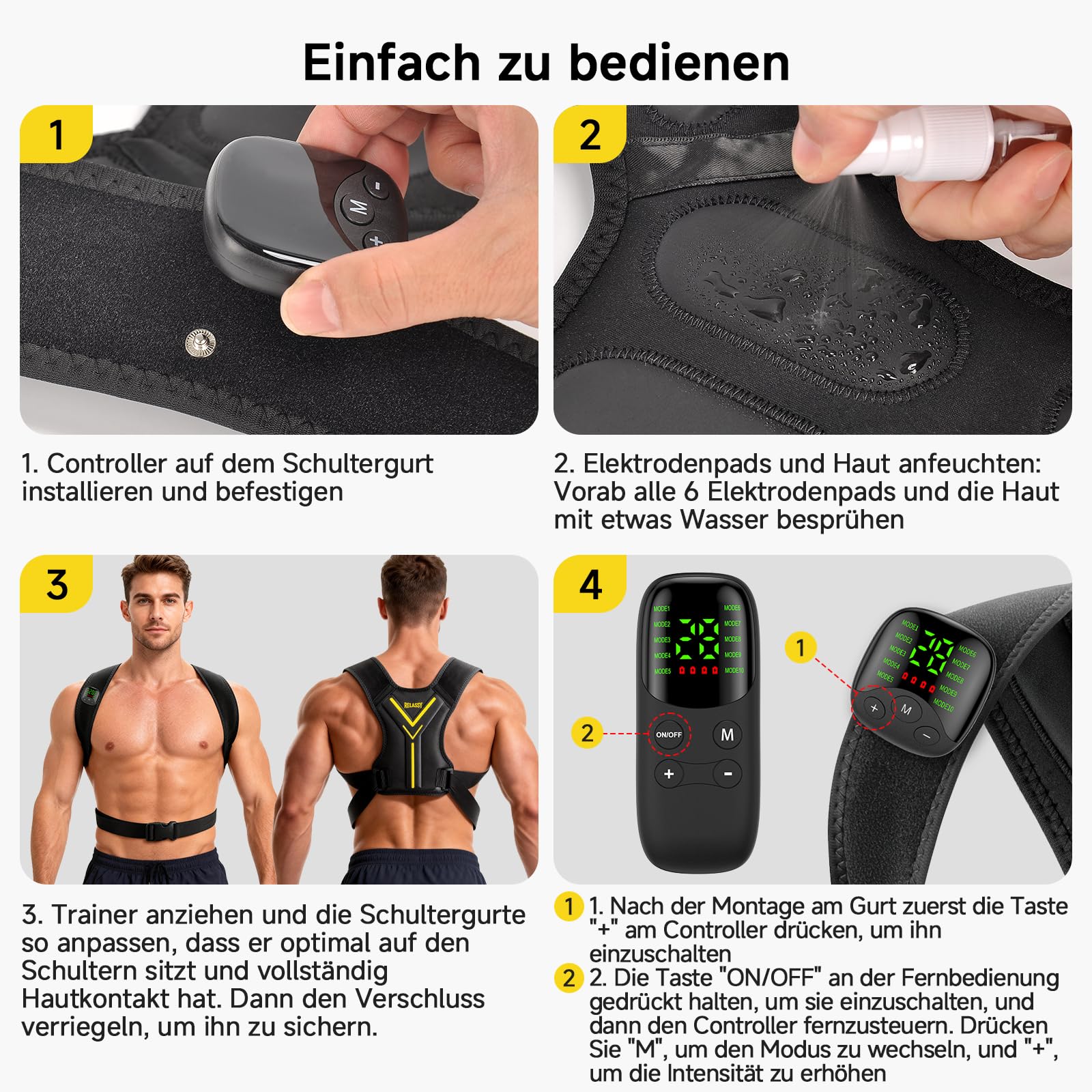 EMS Trainingsgerät für Nacken & Rücken, EMS Gerät für Rücken Muskelaufbau mit Display-Fernbedienung,30 Intensitätsstufen,10 Modi, EMS Trainer zur Nacken Muskelstimulation, Rückentrainer Nackentrainer