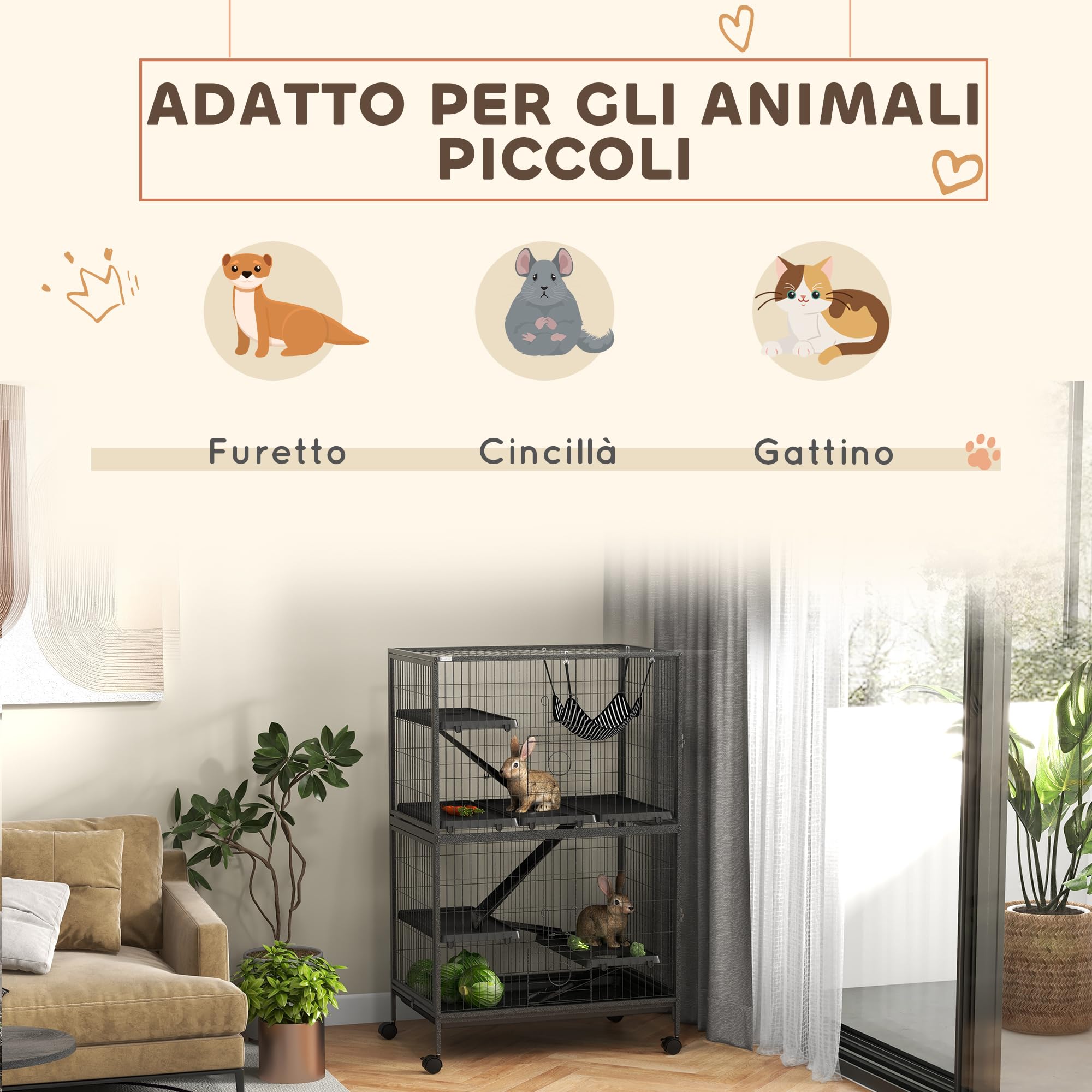 PawHut Gabbia per Animali Piccoli con 4 Ingressi a Livelli Multipli con Amaca, Gabbietta per Roditori, Furetti, Cincillà in Metallo e PP, 80x52x128 cm, Argento e Grigio