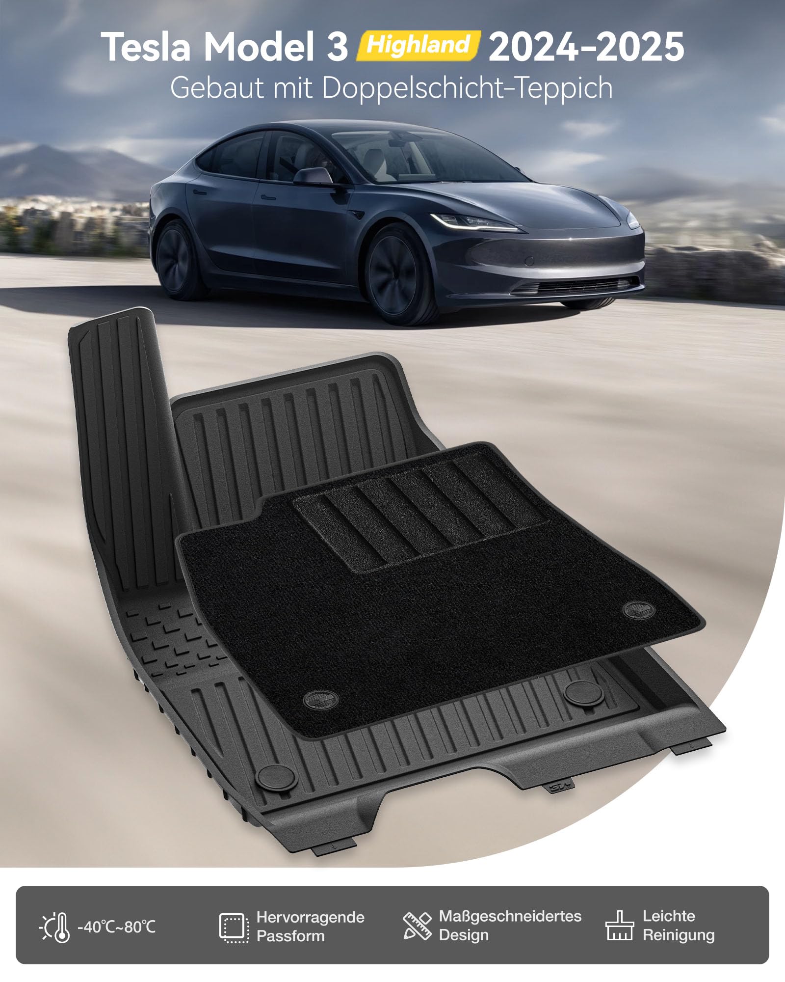 3W Fußmatten & Autoteppiche für Tesla Model 3 Highland 2024-2026 | TPE Thorex™ Allwetter | 3D Maßgeschneiderte Passform | Hundefreundlich Auto Zubehör | Wasserdicht & Kratzfest | Antirutsch