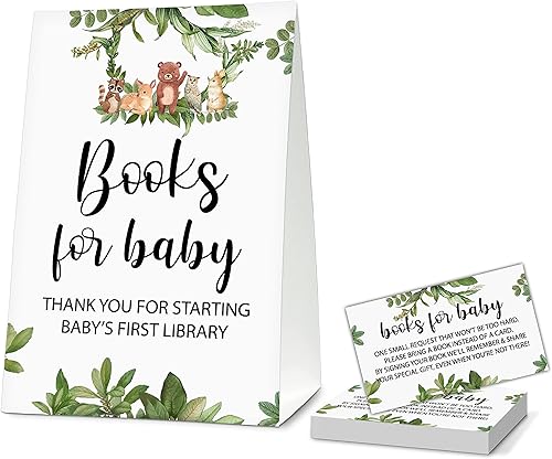 Woodland Baby Shower Party - Cartel de solicitud de libro autónomo y 50 tarjetas de solicitud de libro, tarjeta de solicitud de libro con temática