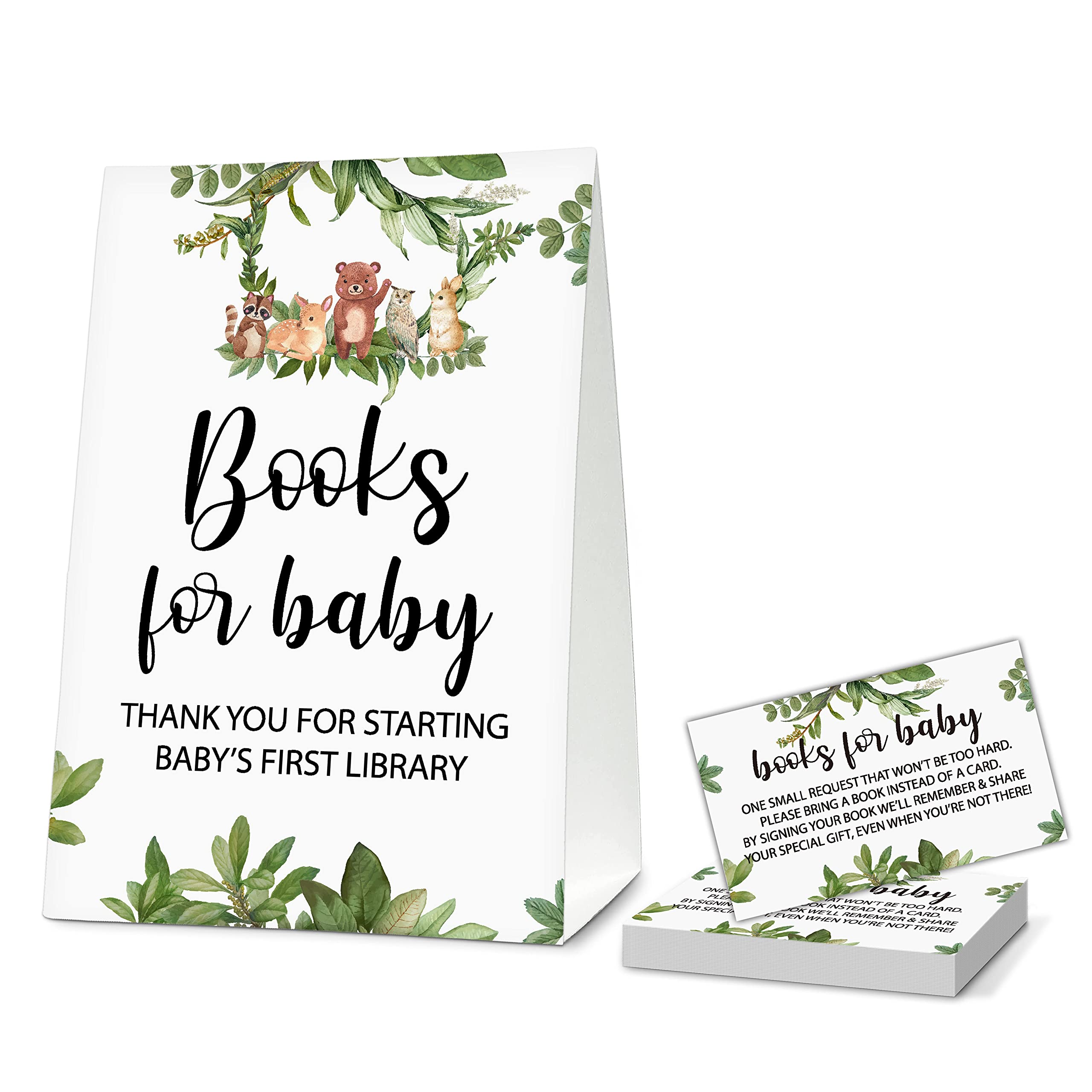 Woodland Baby Shower Party Self-Standing Book Request Sign With 50 Book Request Cards, Wild Animal Themed Book Request Card, Safari Jungle Baby Shower Decor, Baby Gender Reveal Party Game - book-B01