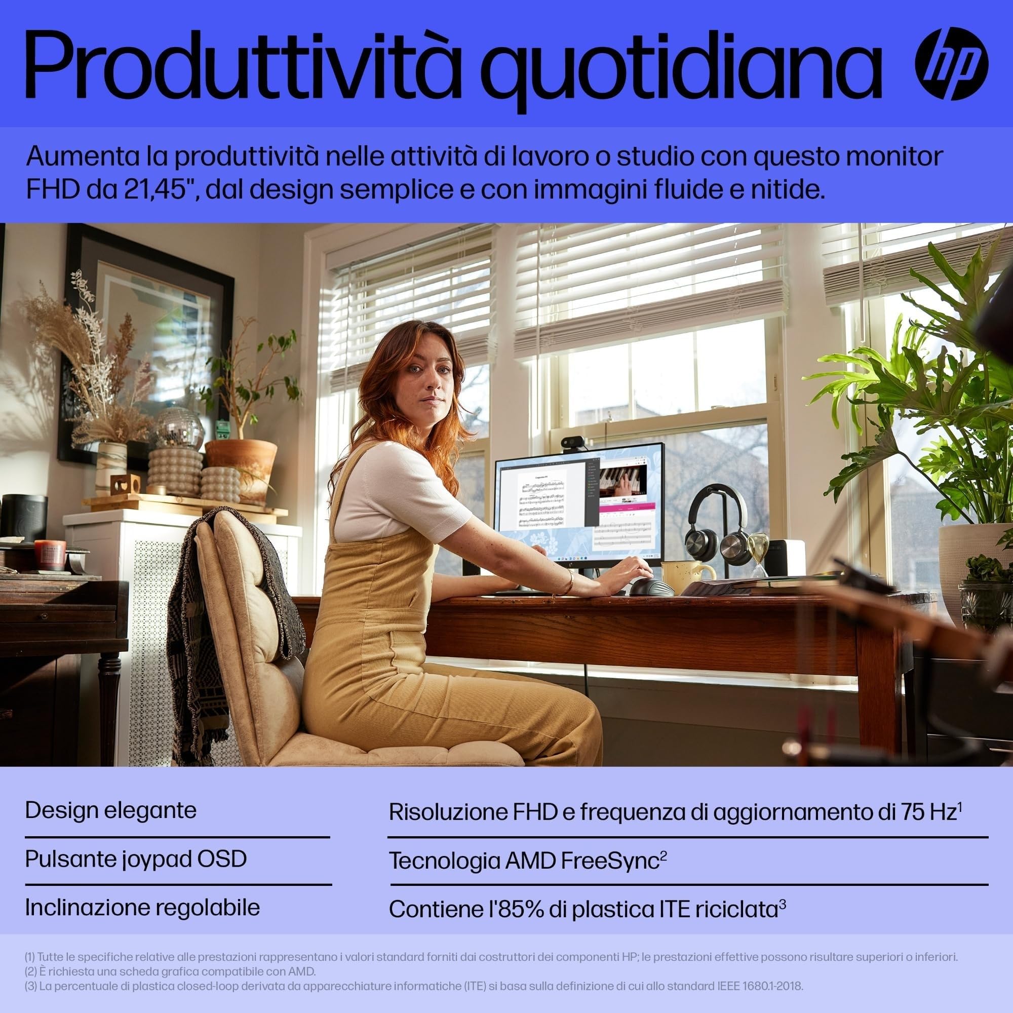 HP V22v G5 Monitor da 22", FHD, 16:9, Antiriflesso, Pannello VA da 75Hz, Tempo di Risposta 5 ms, Reclinabile, VESA 10x10 cm, AMD FreeSync, 200 Nits, Modalità Low Blue Light, VGA, HDMI 1.4, Nero
