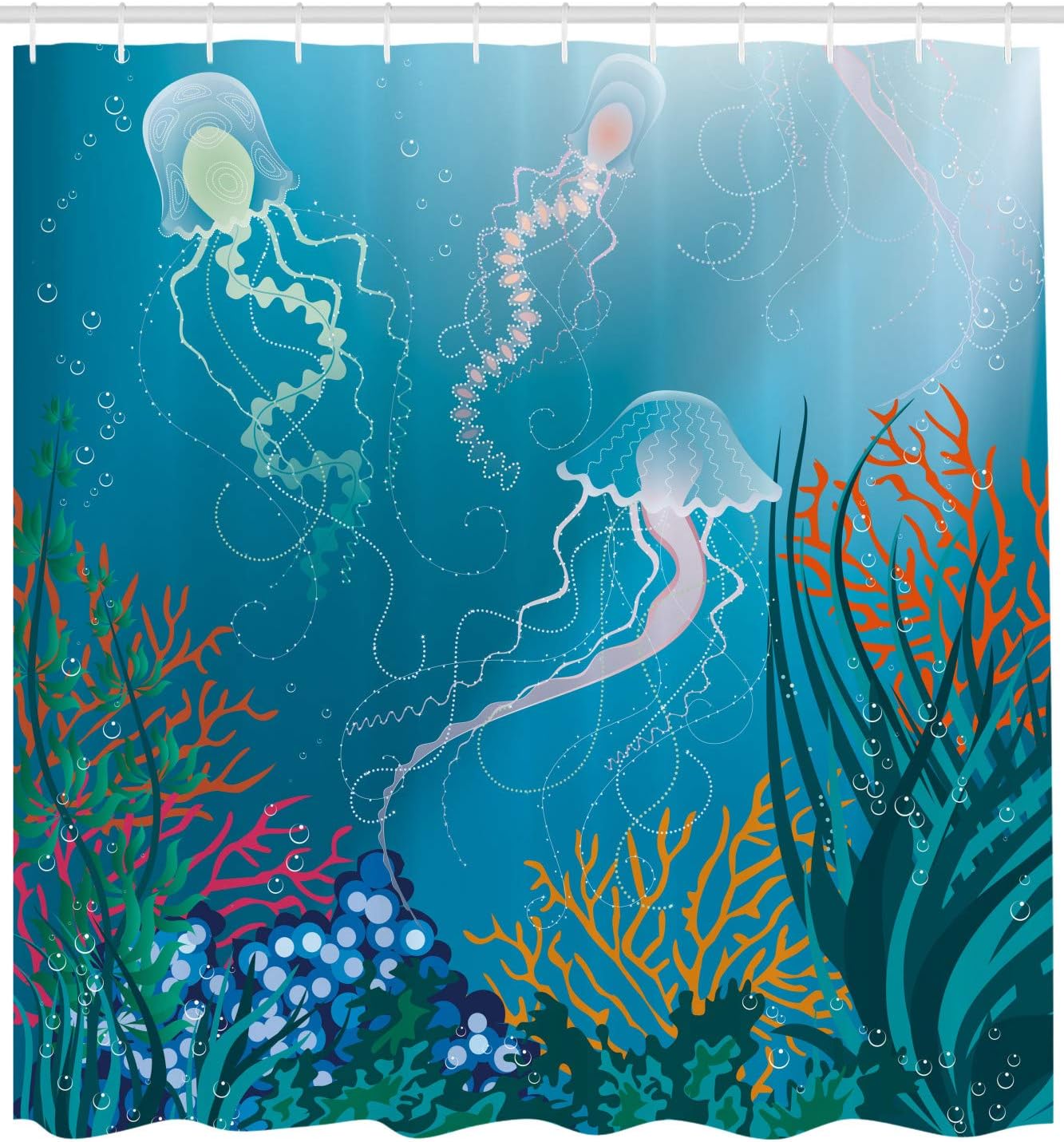 Ambesonne Aquarium Shower Curtain, Jellyfishes Swimming Under The Sea Coral Reef Plants Oceanic Fauna, Cloth Fabric Bathroom Decor Set with Hooks, 69" W x 70" L, Blue Pink Orange