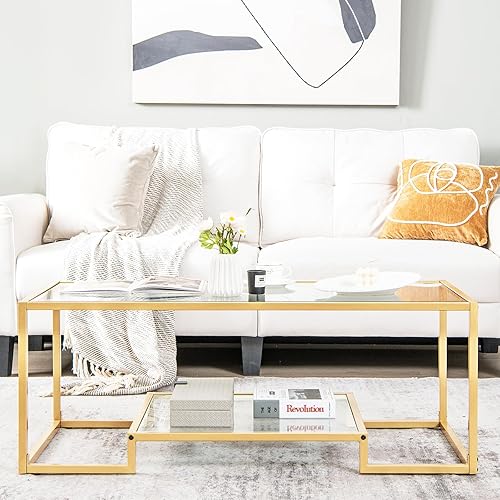 Miniatura 9 de COSTWAY Mesa auxiliar de cristal de 45 pulgadas, mesa decorativa rectangular de 2 niveles con estante de almacenamiento y marco de metal dorado,