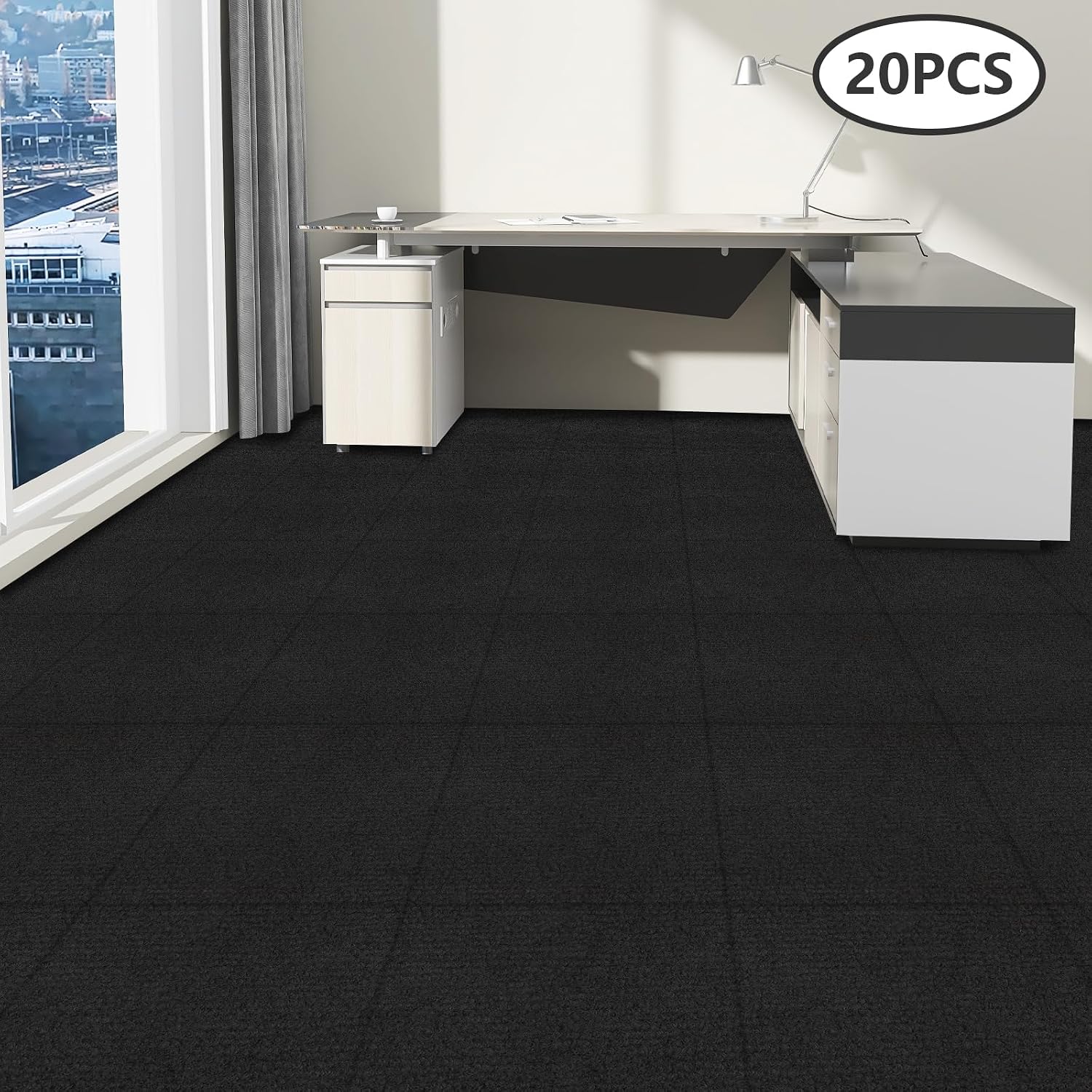 Carpet Square Tiles, 20PCS Self Adhesive Carpet Floor Tiles 20'' x 20'' Heavy Duty Commercial Carpet Squares Cuttable Carpet Floor Tile for Home Living Room Office Hotel (Black)