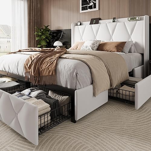 Vista 16 de Estructura de cama tamaño completo con 4 cajones de almacenamiento y estación de carga, estructura de cama plataforma tapizada con cabecera de Gris