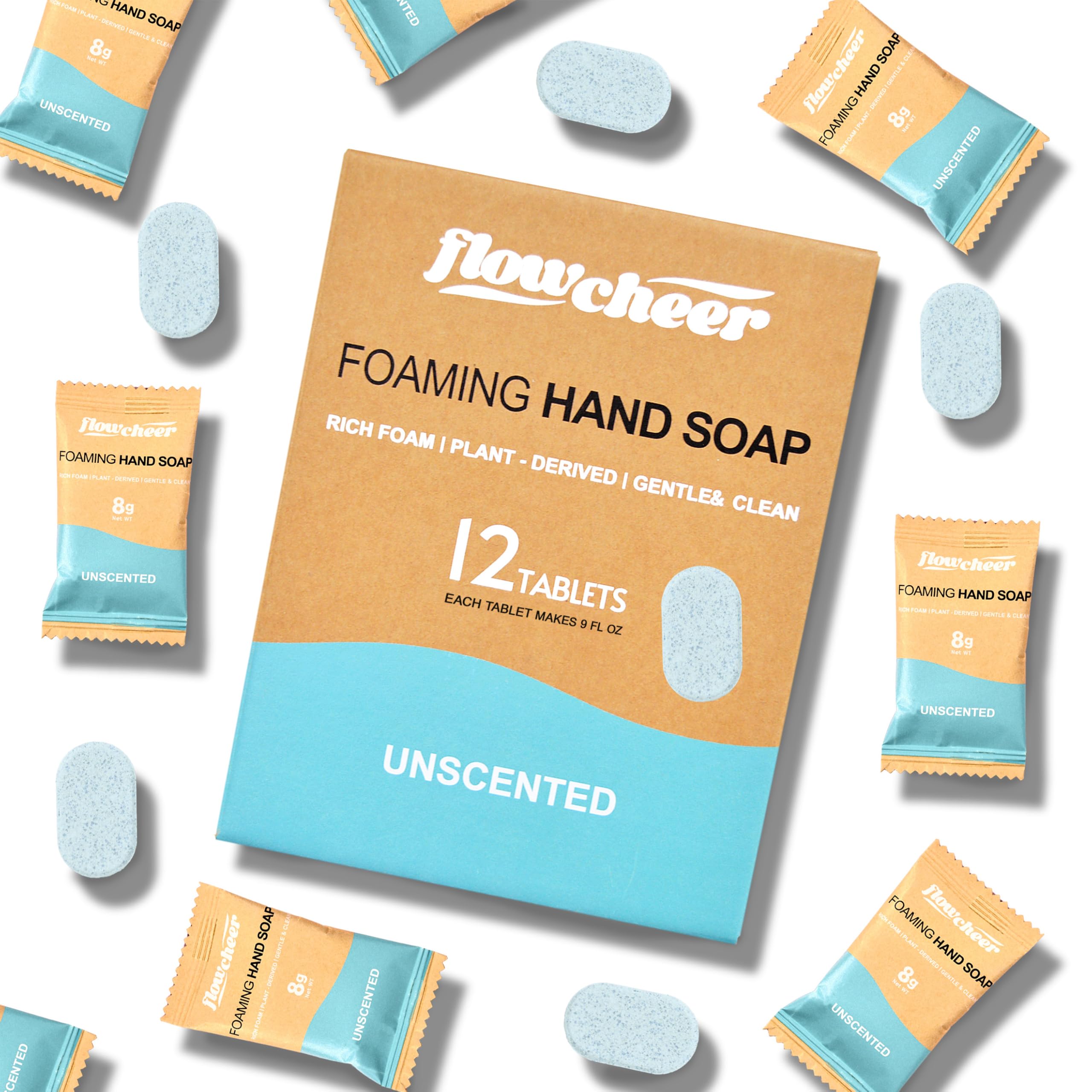 Foaming Hand Soap Tablet Refills-12 pack Makes 96 fl oz (12 x 8 fl oz Bottles)- Unscented Hand Wash Soap Refills Tablets for Zero Waste Eco Friendly Cleaning Supplies