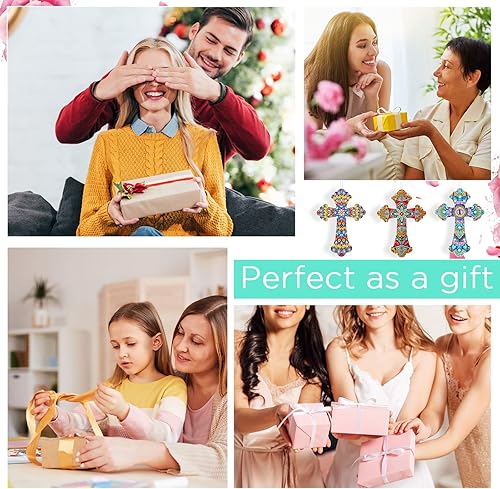 Miniatura 6 de Faccito Kit de 3 piezas de pintura de arte de diamantes cruzados para regalo de adultos, bricolaje 5D de cristal por número, mandala cruz, diamantes