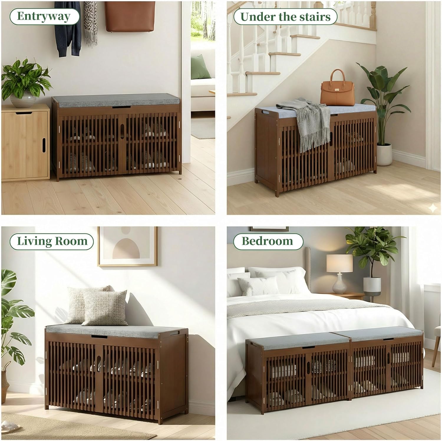 Bamboo Shoe Storage Bench with Padded Cushion, 3-Tier Shoe Rack Organizer with 2 Ventilated Grille Doors for Entryway, Bedroom, Bathroom (Walnut)