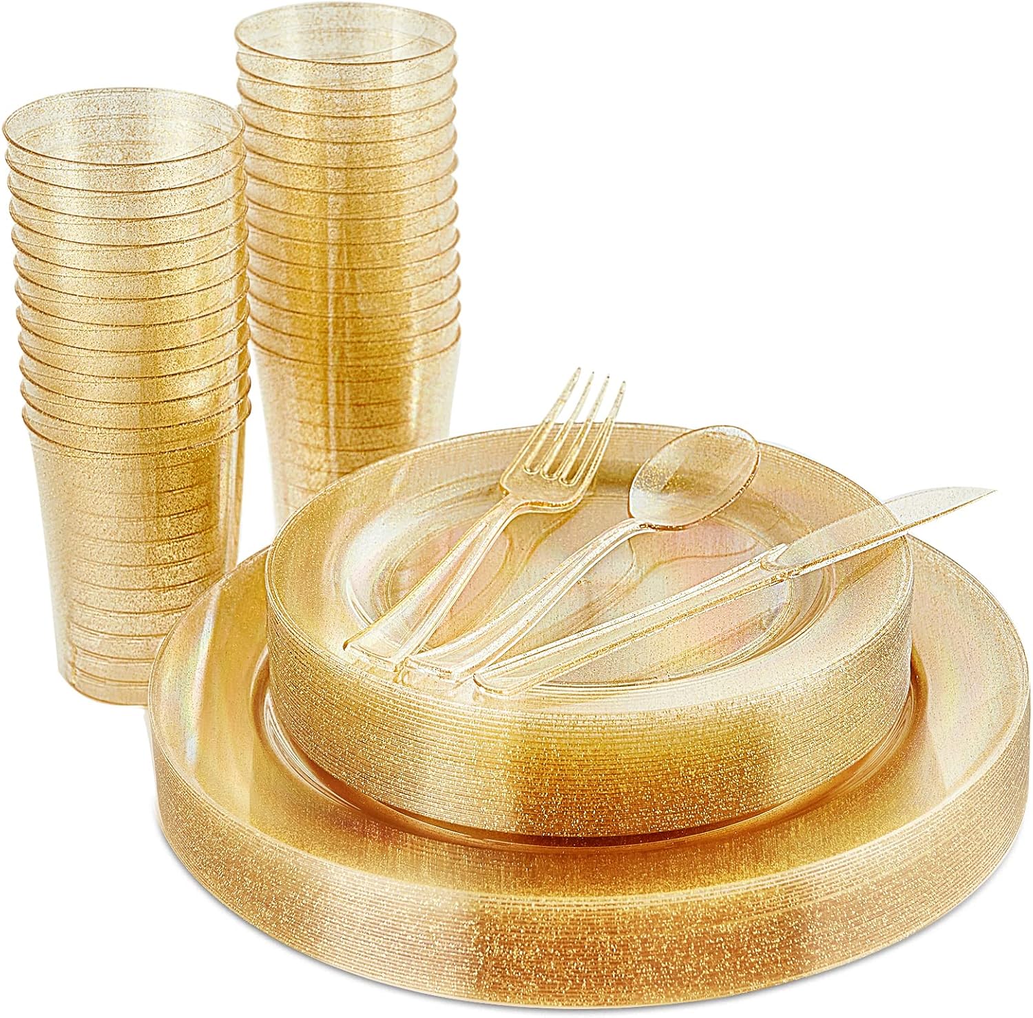Vplus 150 pcs Gold Plastic Plates with Disposable Plastic Silverware, Cups, Gold Glitter Design includes Dinner and Salad Plates, Forks, Knives, Spoons, 10 oz Cups