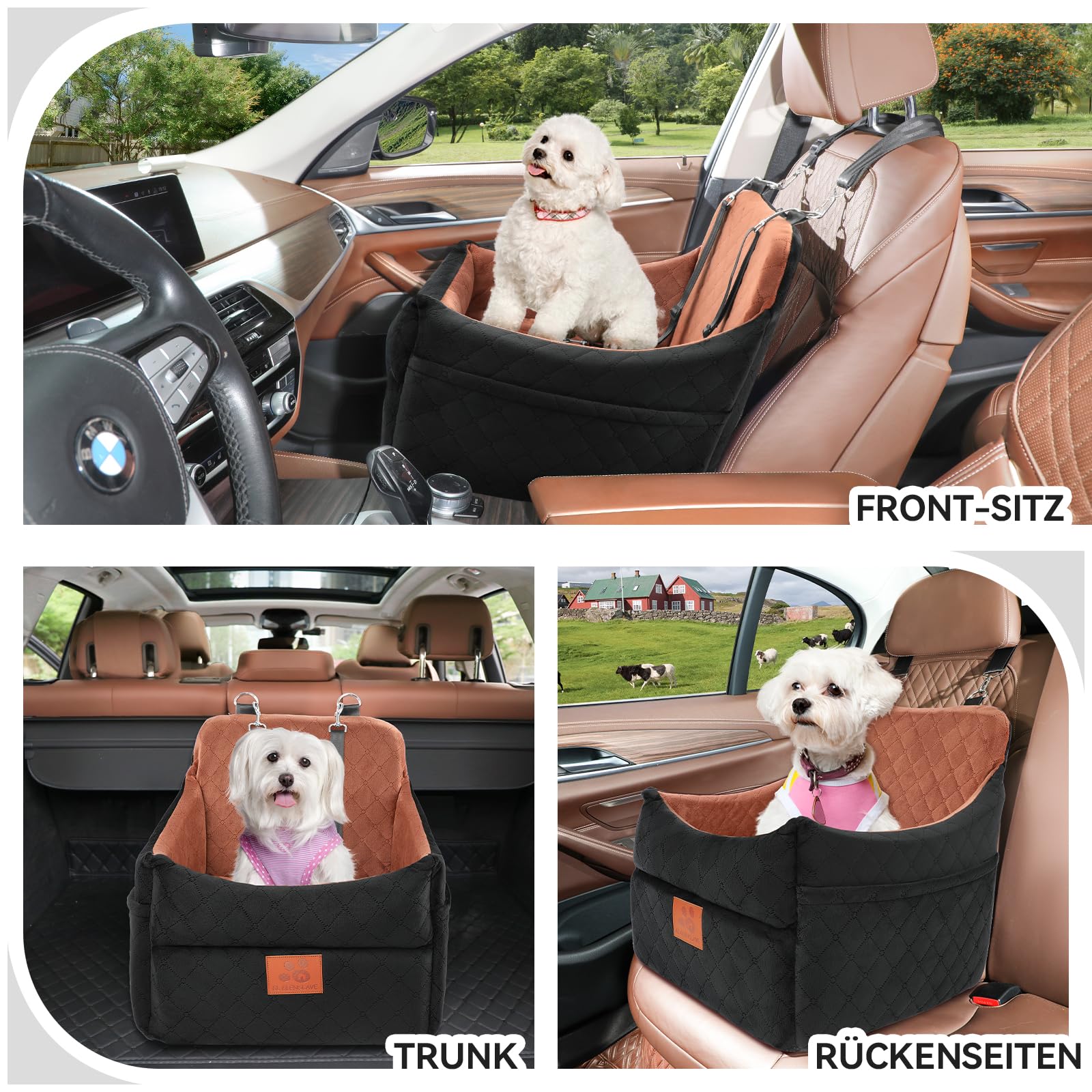 GL GLENSLAVE Hunde-Autositz für kleine/mittlere Hunde, Hundeautositz mit Dicker Polsterung unter 35 Pfund, Abnehmbarer, waschbarer Autositz für Haustiere (schwarz/braun)