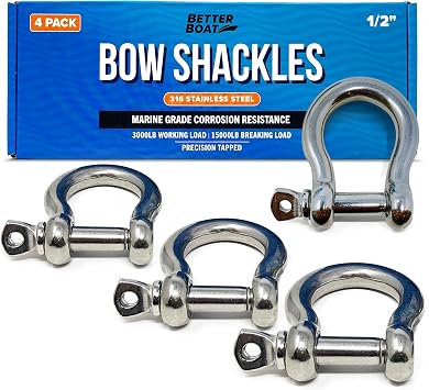 Premium Stainless Steel D-Ring Shackles, Marine Grade, 4-Pack, 1/2", 3/8", 5/16", 1/4", Mini Bow or Clevis Anchor Shackle for Boat, Sailboat, Chain, Rigging Clasp