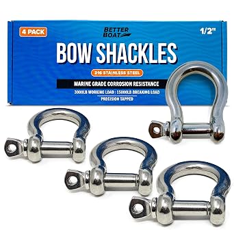 Premium Stainless Steel D-Ring Shackles, Marine Grade, 4-Pack, 1/2" Mini