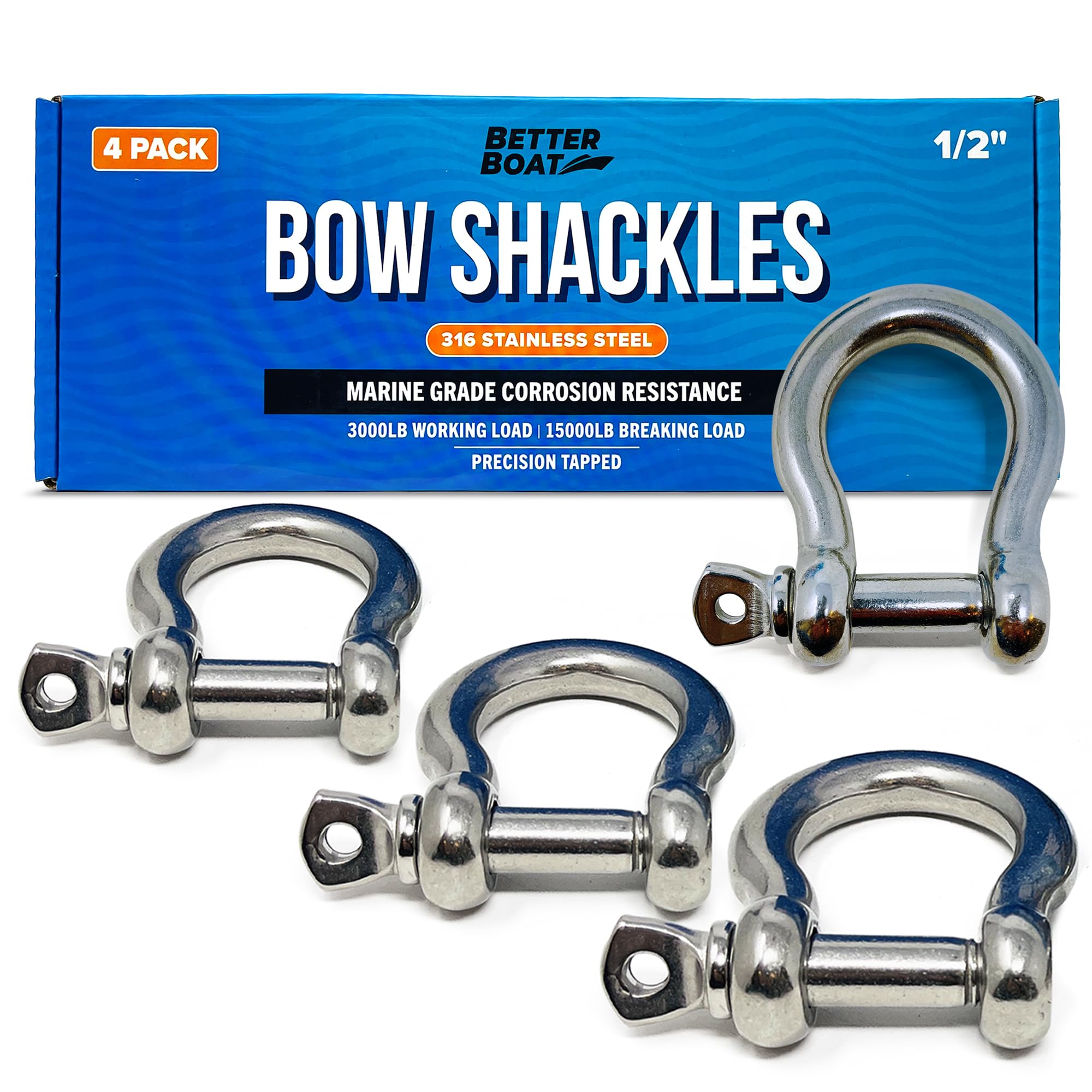 Premium Stainless Steel D-Ring Shackles, Marine Grade, 4-Pack, 1/2", 3/8", 5/16", 1/4", Mini Bow or Clevis Anchor Shackle for Boat, Sailboat, Chain, Rigging Clasp