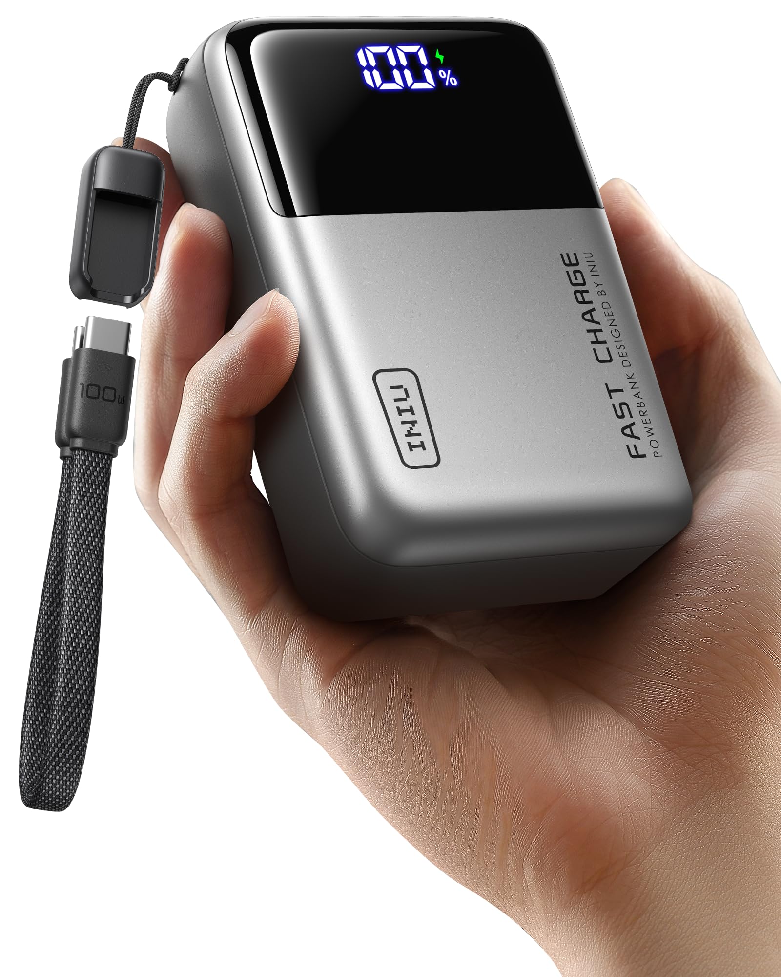 INIU 100W Laptop Power Bank, Ultra Kompakt 25000mAh Schnellladung Powerbank | Angebrachtem USB C Kabel, Flugtauglich, Reise-Essential, für MacBook, Steam Deck, iPhone 17/16/15 Pro, Samsung, iPad uvm