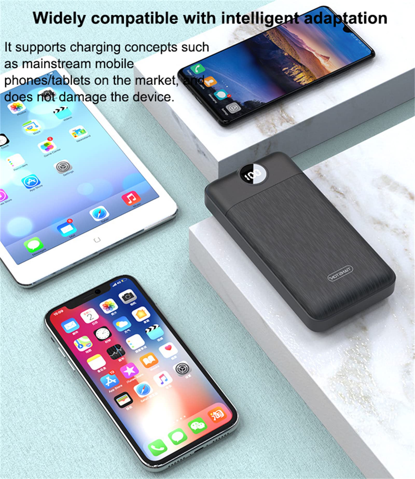 Power Bank - Cargador portátil de 20.000 mAh, batería de polímero de litio, batería externa con doble salida y doble entrada, para teléfonos y tabletas, color blanco